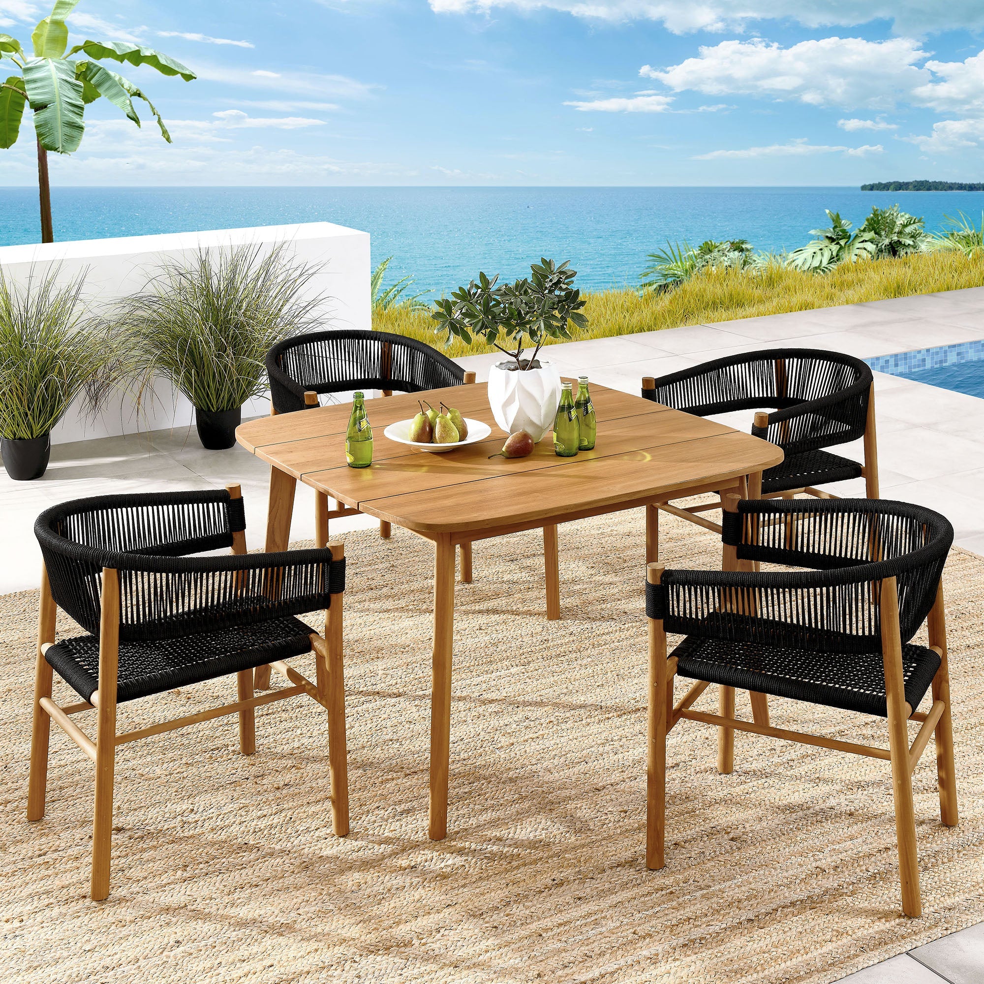 Vienna 5-Piece Outdoor Patio Teak and Rope Dining Set with Curved-Back Armchairs - Image 12