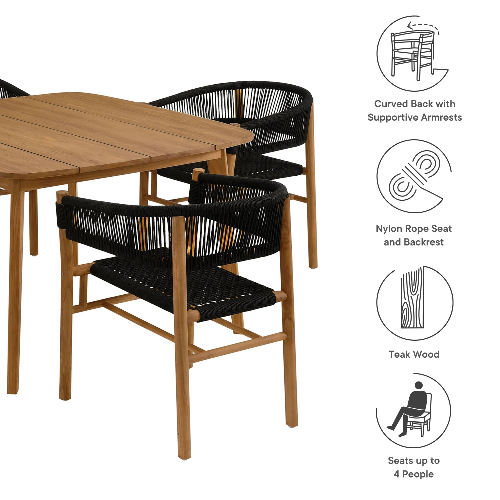 Vienna 5-Piece Outdoor Patio Teak and Rope Dining Set with Curved-Back Armchairs - Image 14