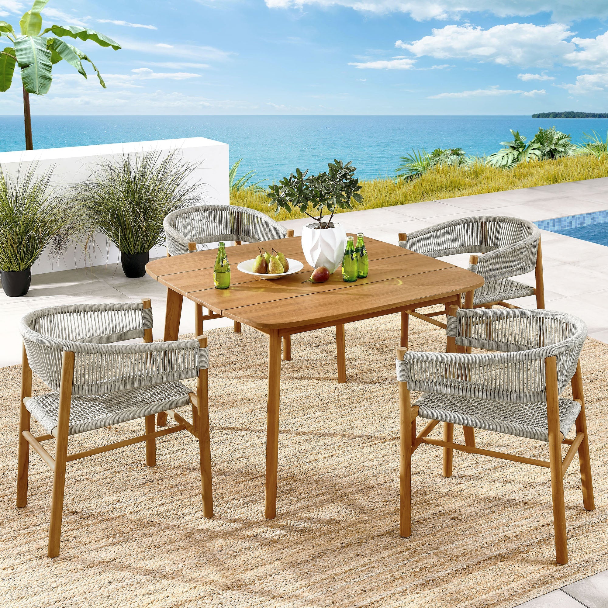 Vienna 5-Piece Outdoor Patio Teak and Rope Dining Set with Curved-Back Armchairs - Image 2
