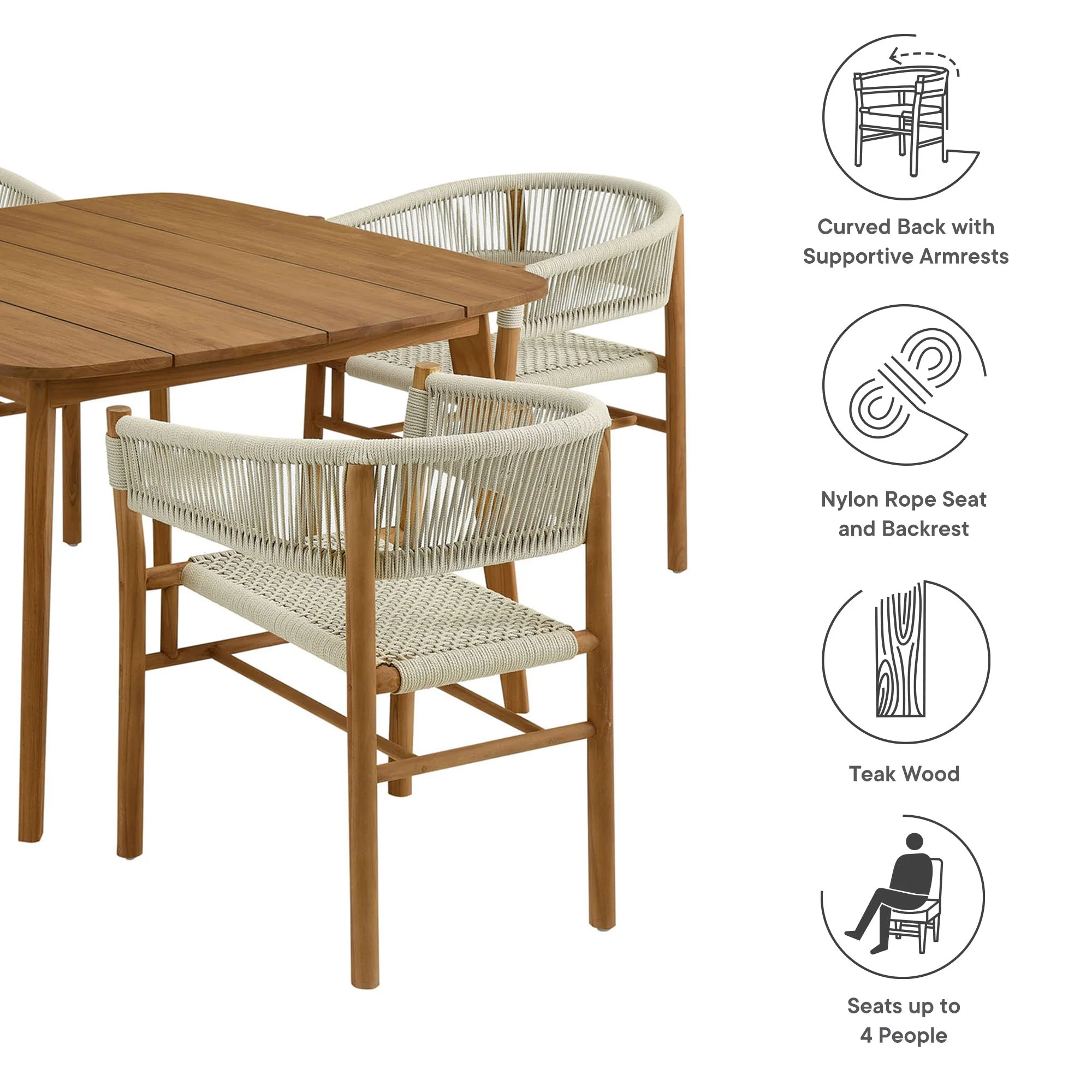 Vienna 5-Piece Outdoor Patio Teak and Rope Dining Set with Curved-Back Armchairs - Image 4