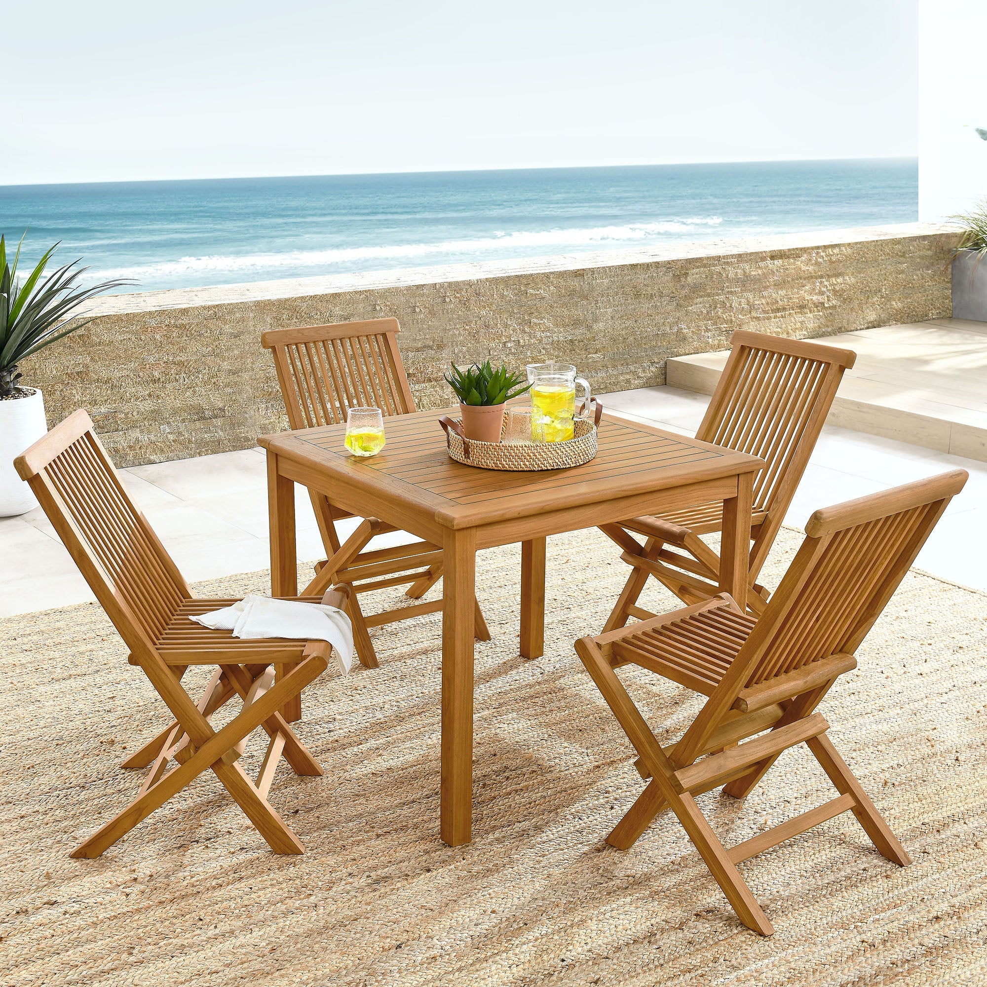 Vienna 5-Piece Outdoor Patio Teak Wood Dining Set with Folding Chairs in Natural Natural - Image 2
