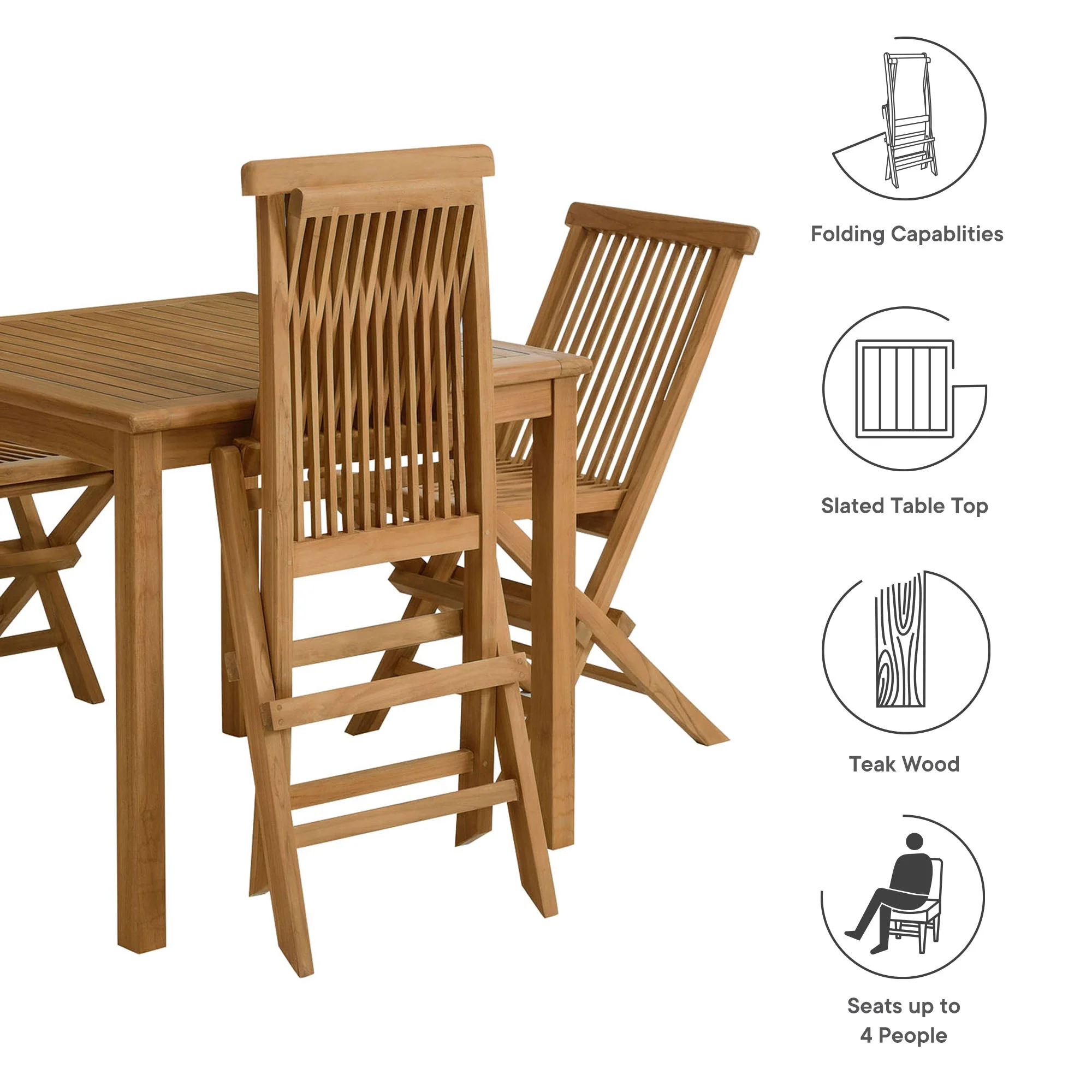 Vienna 5-Piece Outdoor Patio Teak Wood Dining Set with Folding Chairs in Natural Natural - Image 4