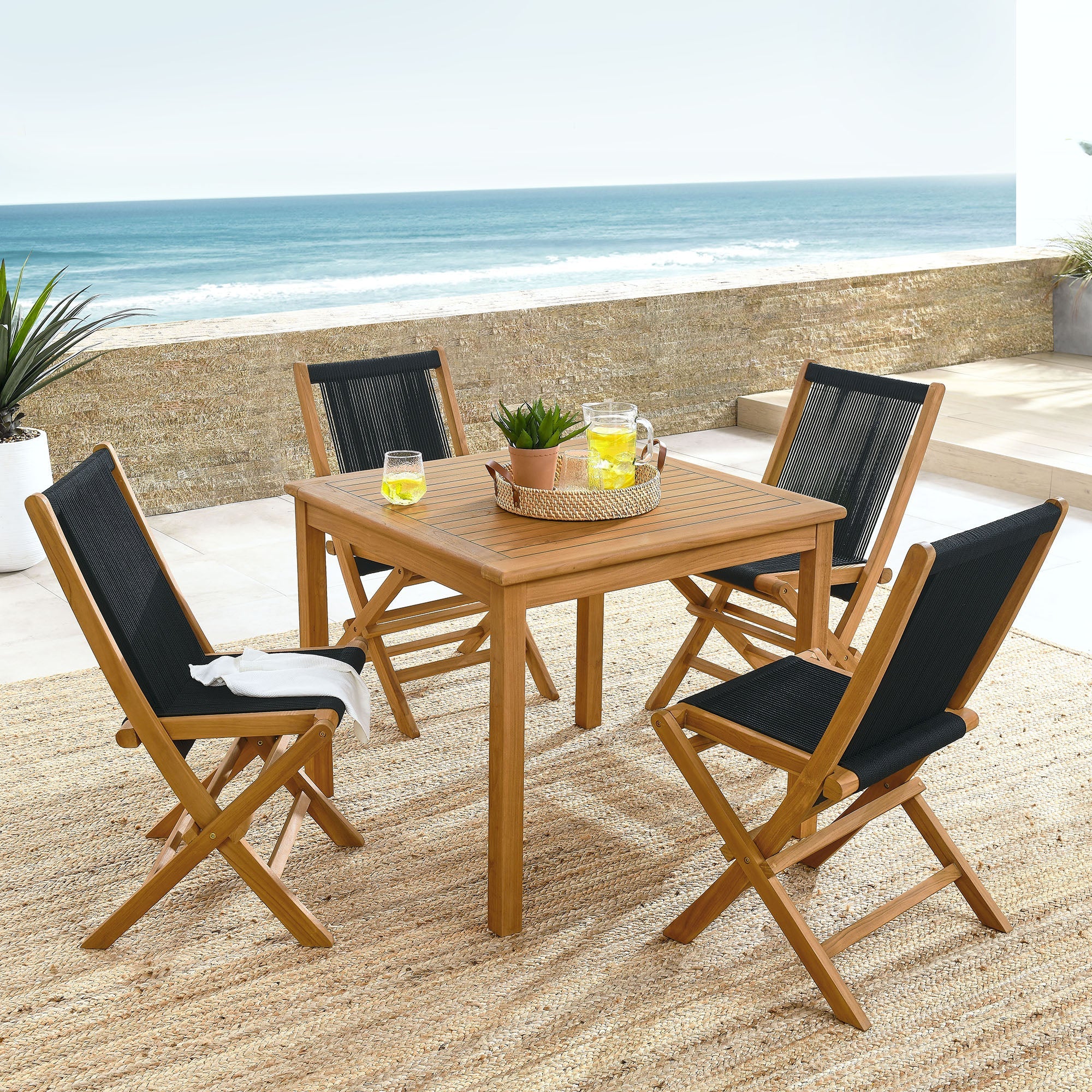 Vienna 5-Piece Outdoor Patio Teak Wood Dining Set with Rope Folding Chairs - Image 15