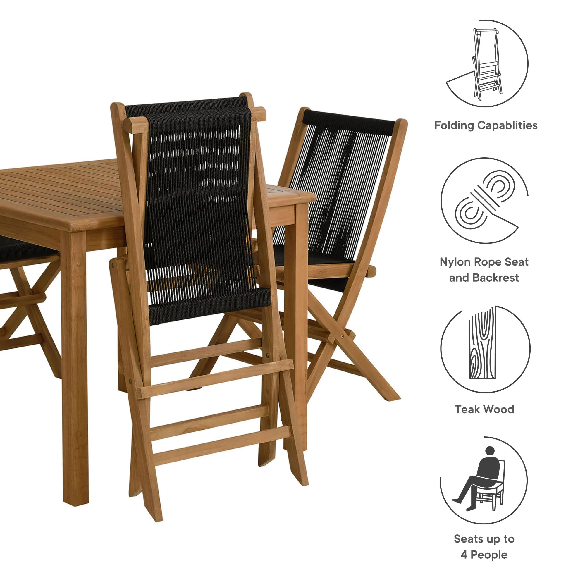 Vienna 5-Piece Outdoor Patio Teak Wood Dining Set with Rope Folding Chairs - Image 17