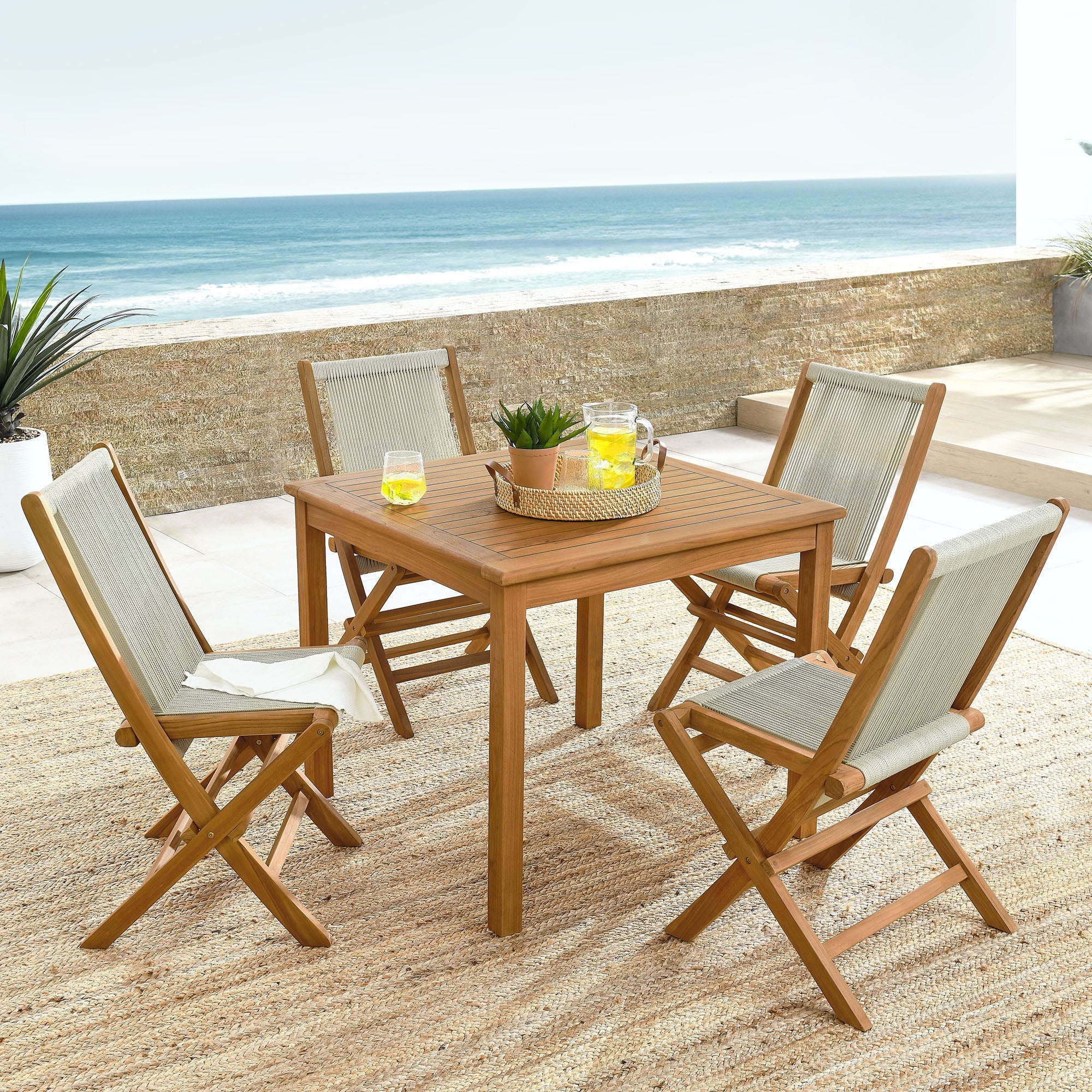 Vienna 5-Piece Outdoor Patio Teak Wood Dining Set with Rope Folding Chairs - Image 2