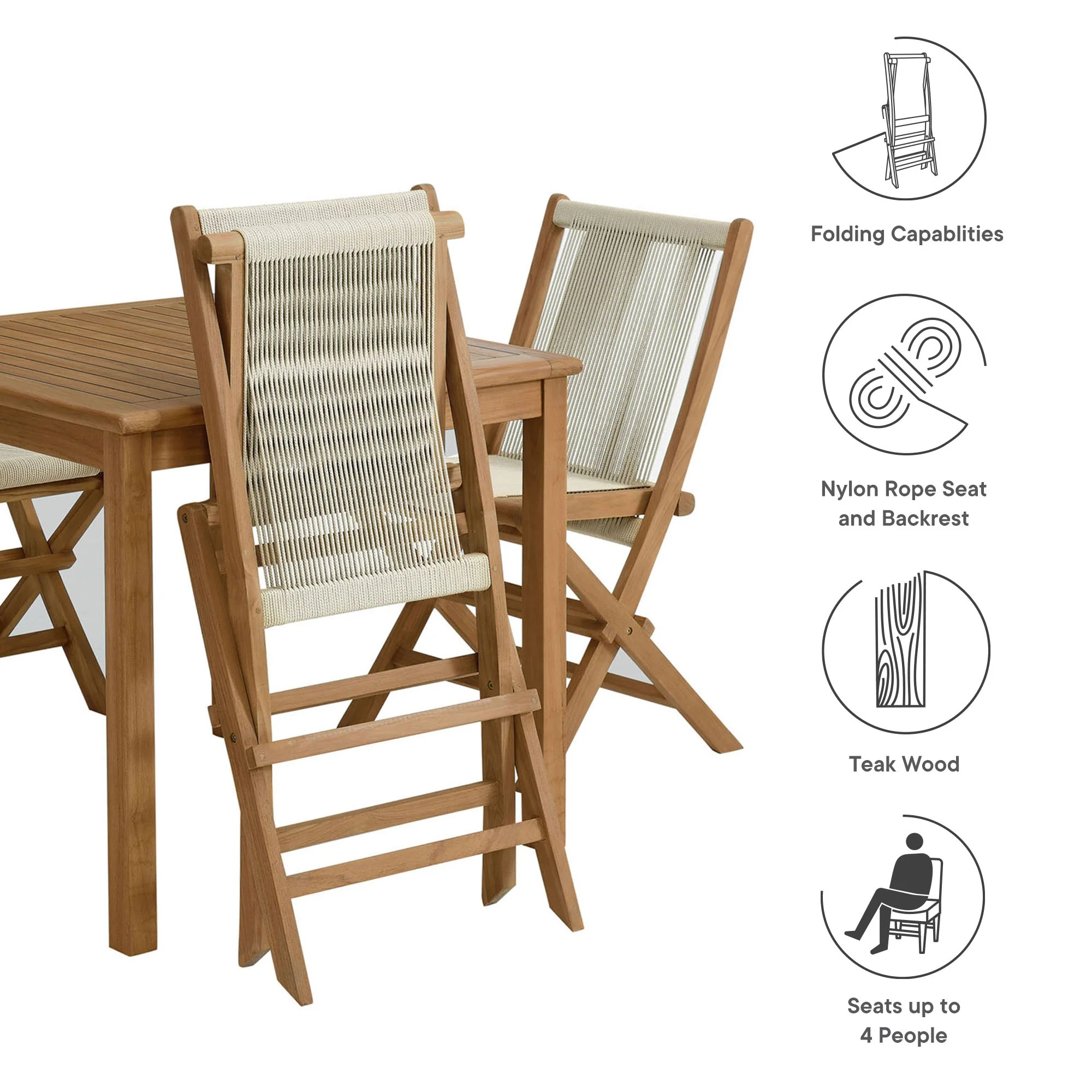 Vienna 5-Piece Outdoor Patio Teak Wood Dining Set with Rope Folding Chairs - Image 4
