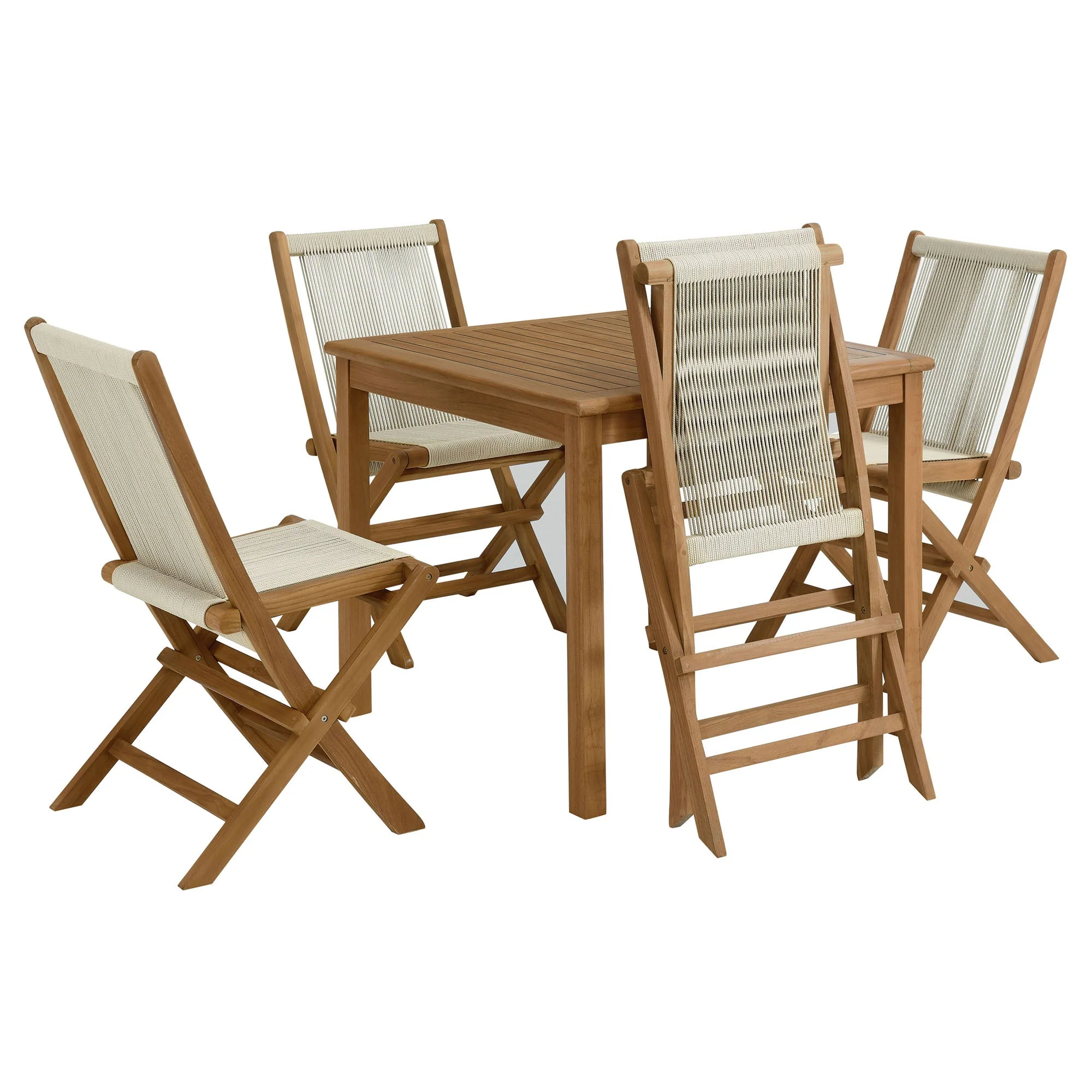 Vienna 5-Piece Outdoor Patio Teak Wood Dining Set with Rope Folding Chairs - Image 5