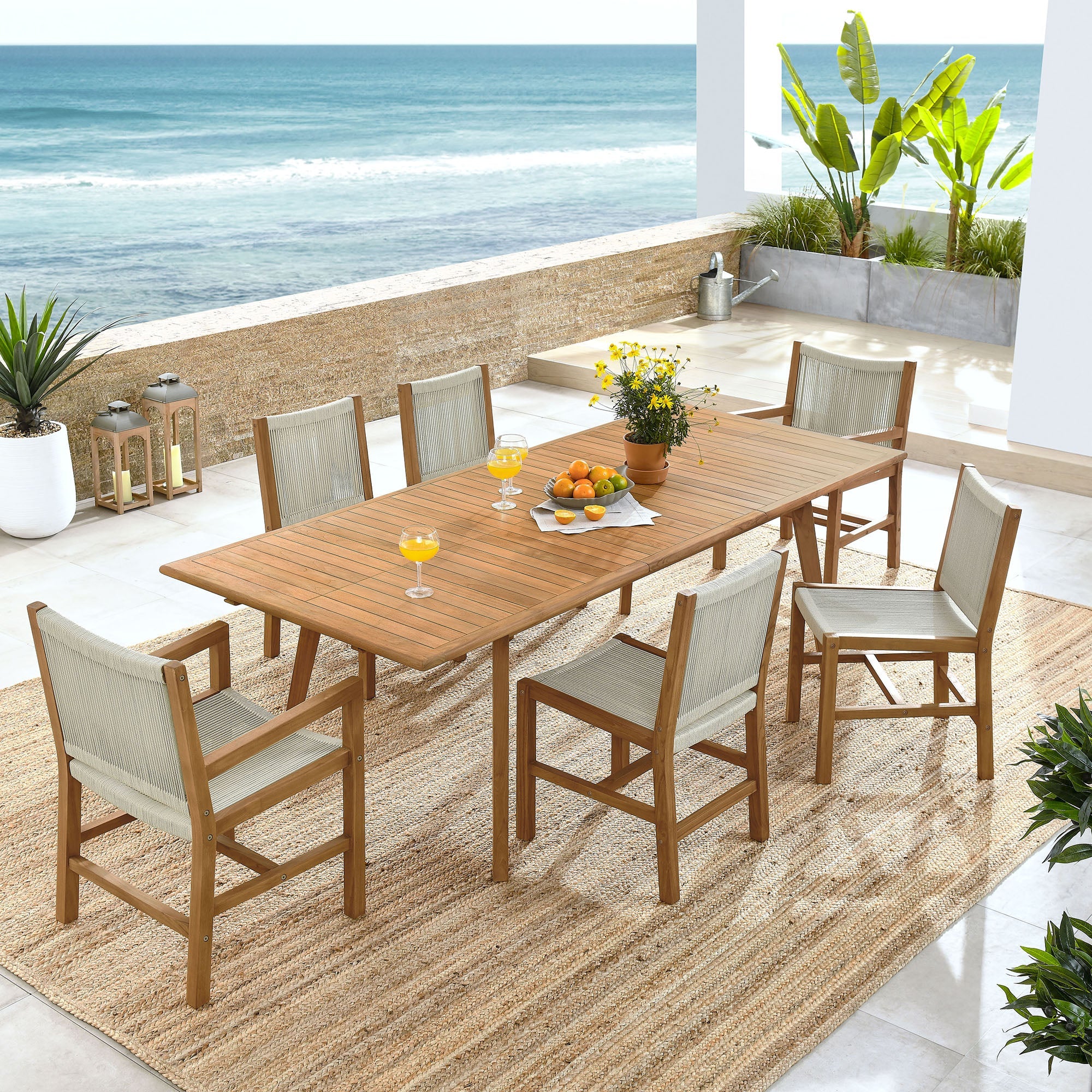 Vienna 7-Piece Outdoor Patio Teak and Rope Dining Set - Image 2