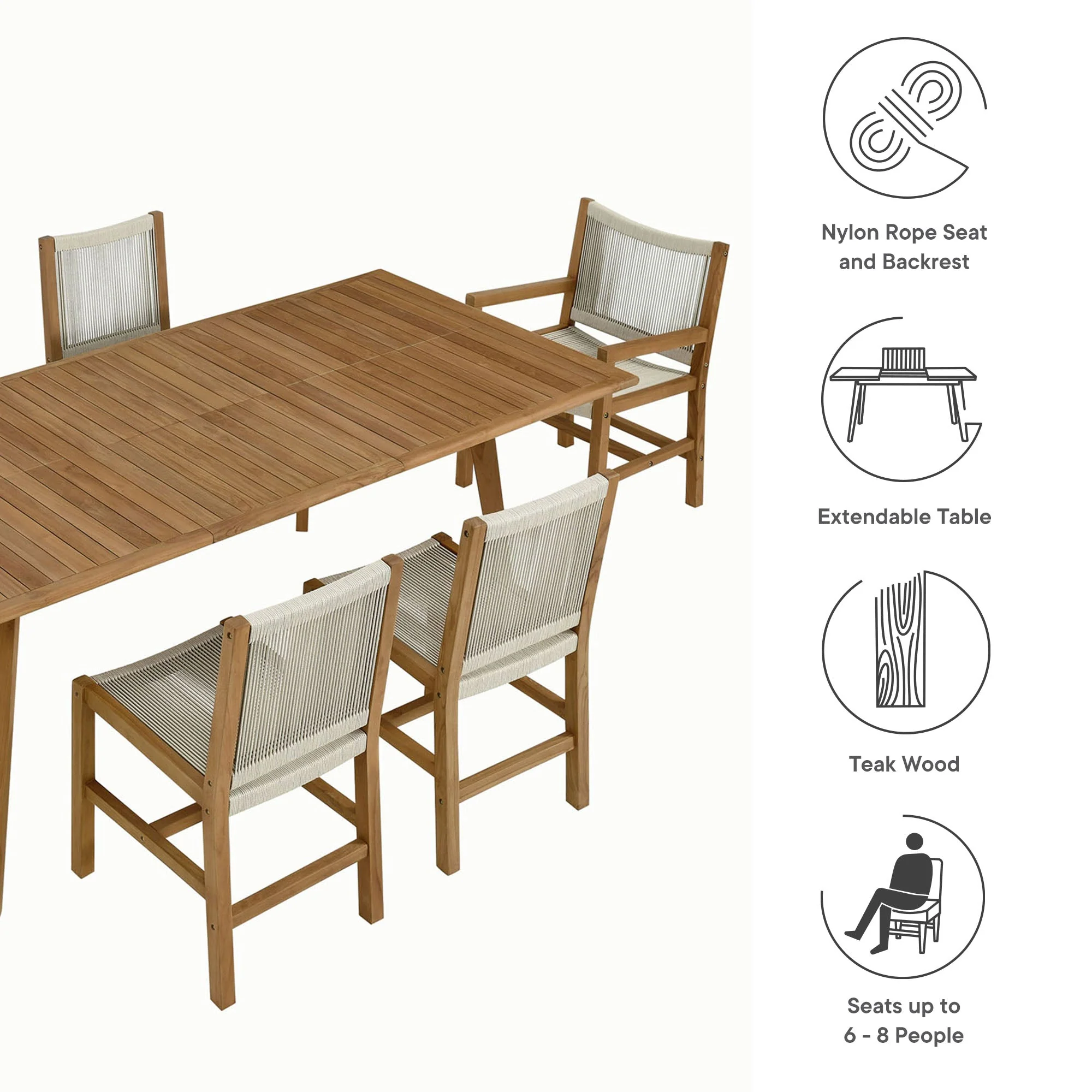 Vienna 7-Piece Outdoor Patio Teak and Rope Dining Set - Image 4