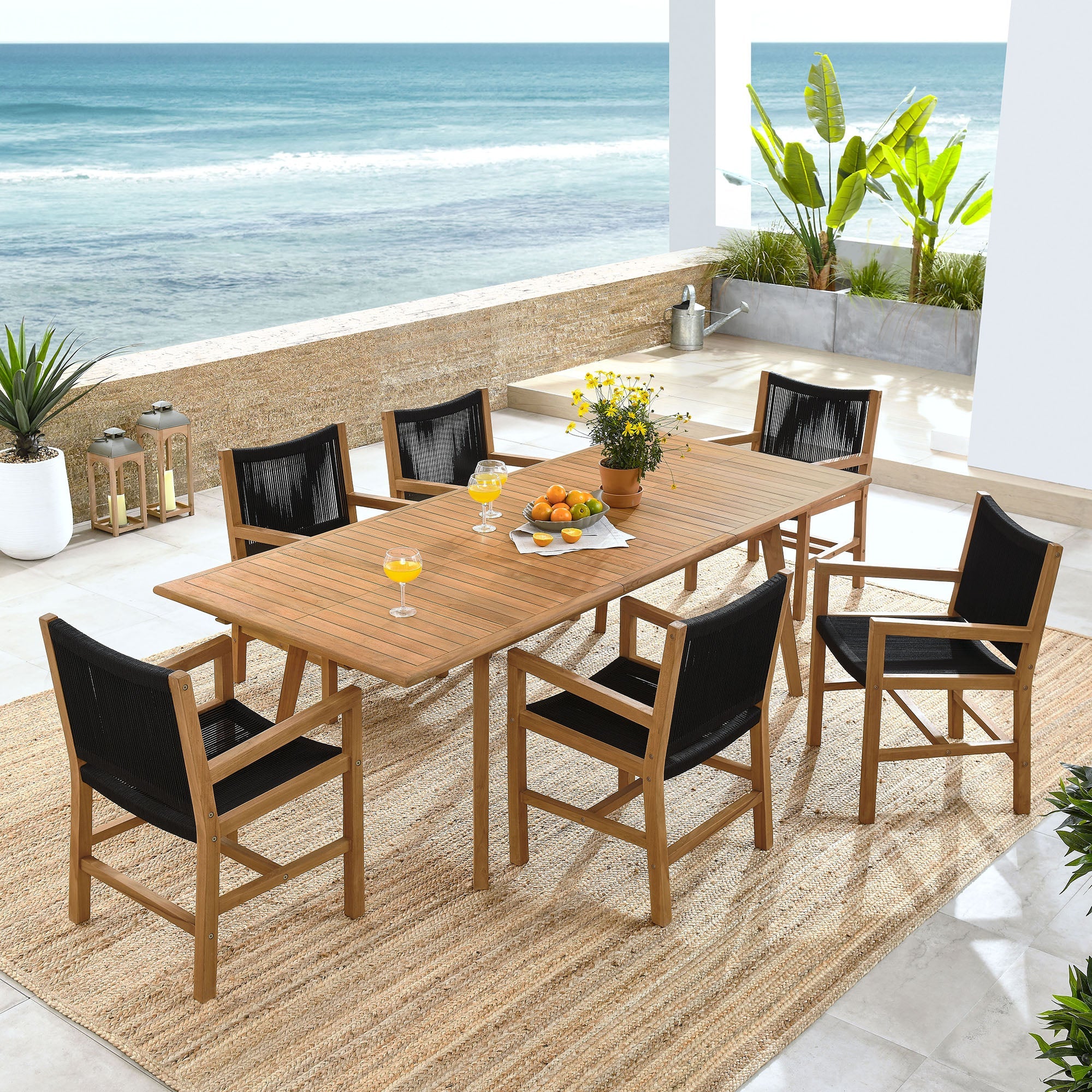Vienna 7-Piece Outdoor Patio Teak and Rope Dining Set with Armchairs - Image 14