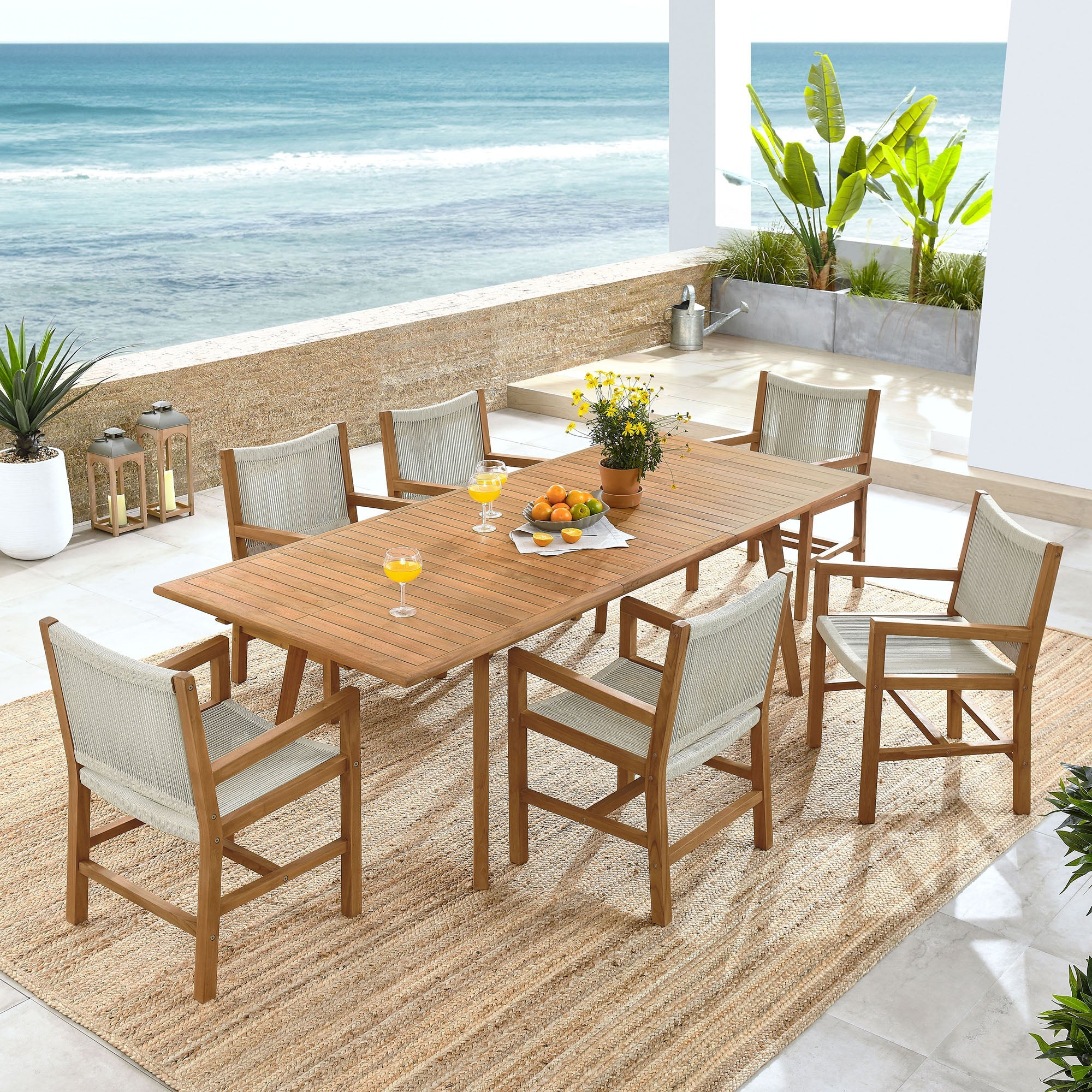 Vienna 7-Piece Outdoor Patio Teak and Rope Dining Set with Armchairs - Image 2