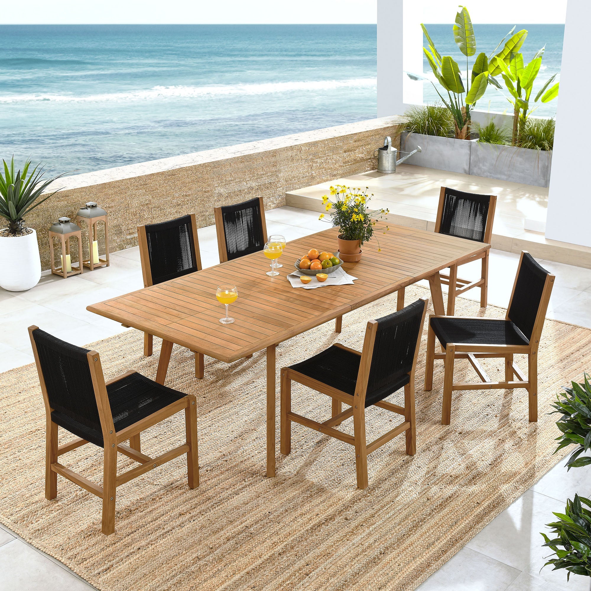 Vienna 7-Piece Outdoor Patio Teak and Rope Dining Set with Armless Chairs - Image 15