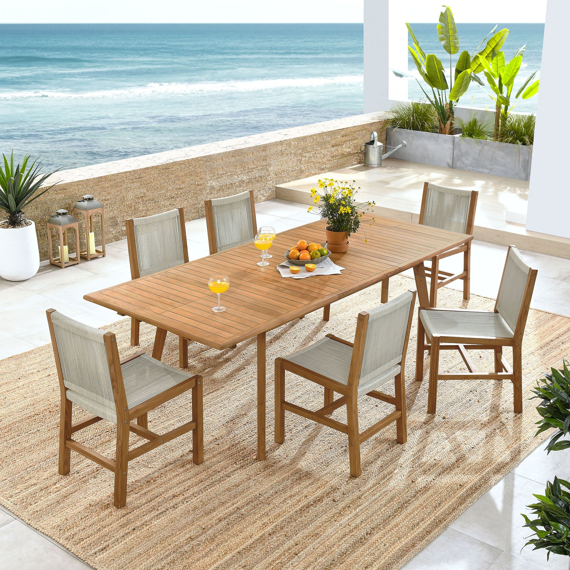 Vienna 7-Piece Outdoor Patio Teak and Rope Dining Set with Armless Chairs - Image 2