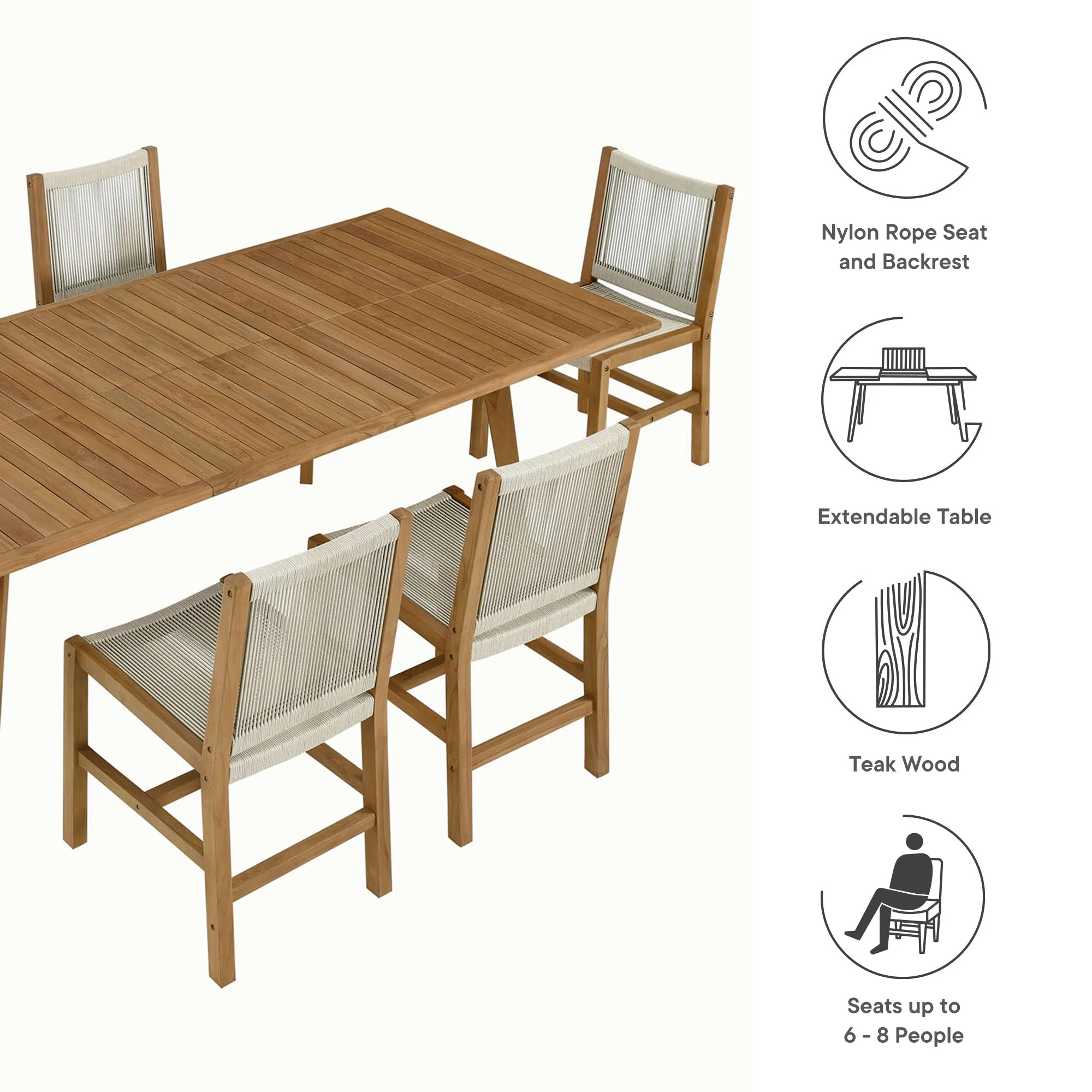Vienna 7-Piece Outdoor Patio Teak and Rope Dining Set with Armless Chairs - Image 4