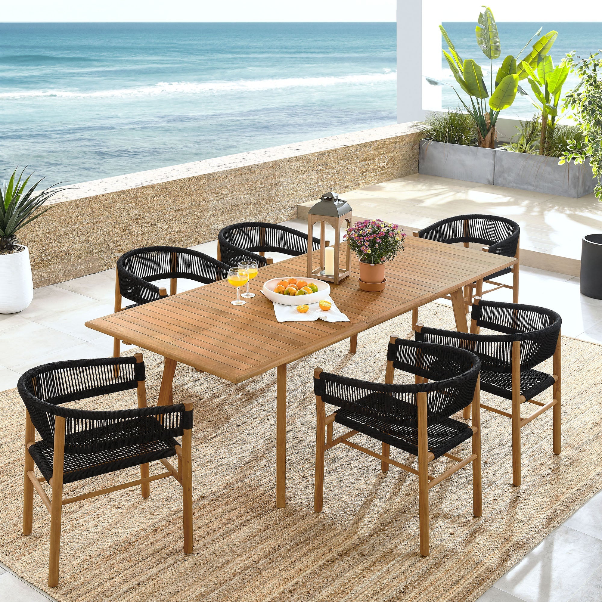 Vienna 7-Piece Outdoor Patio Teak and Rope Dining Set with Curved-Back Armchairs - Image 11
