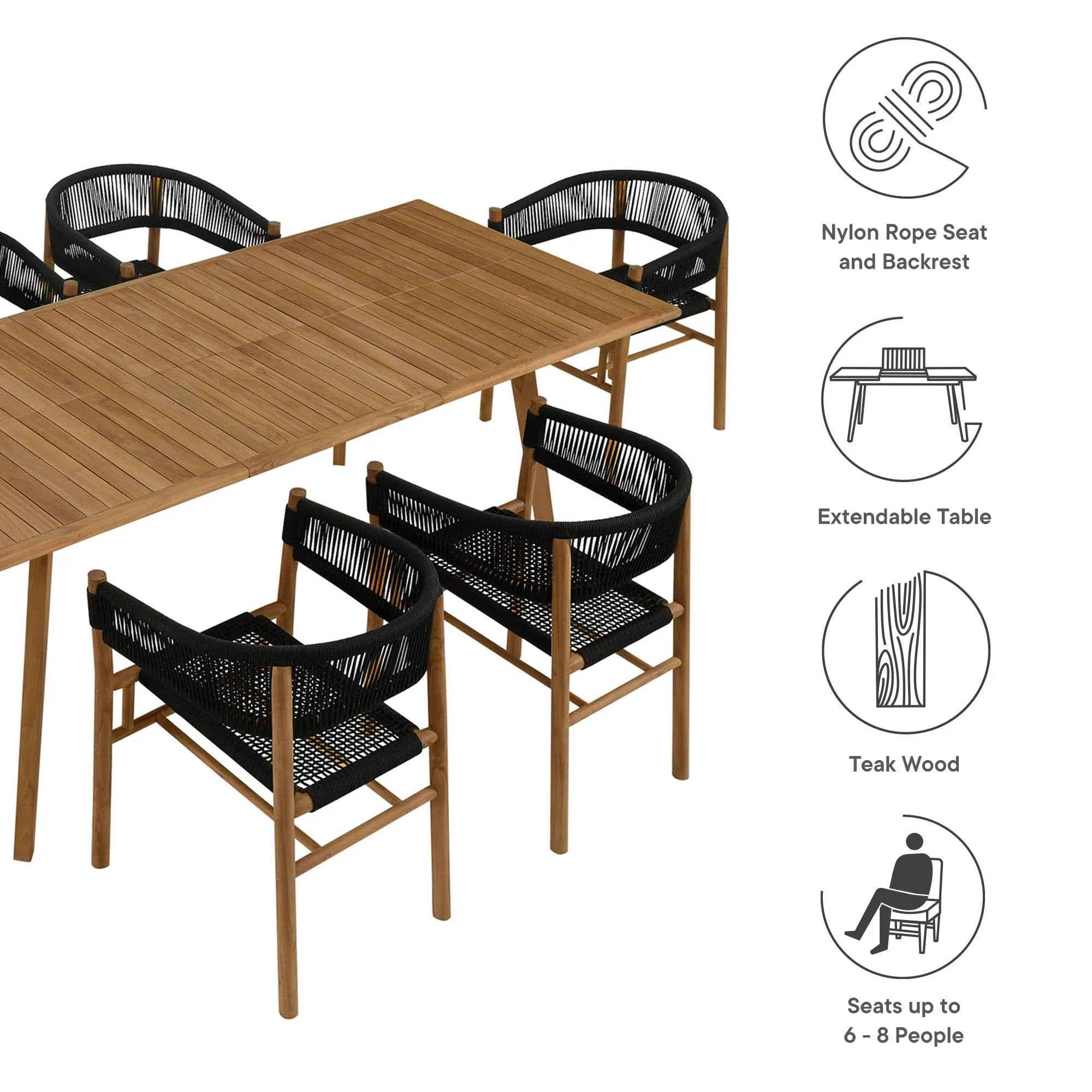 Vienna 7-Piece Outdoor Patio Teak and Rope Dining Set with Curved-Back Armchairs - Image 13