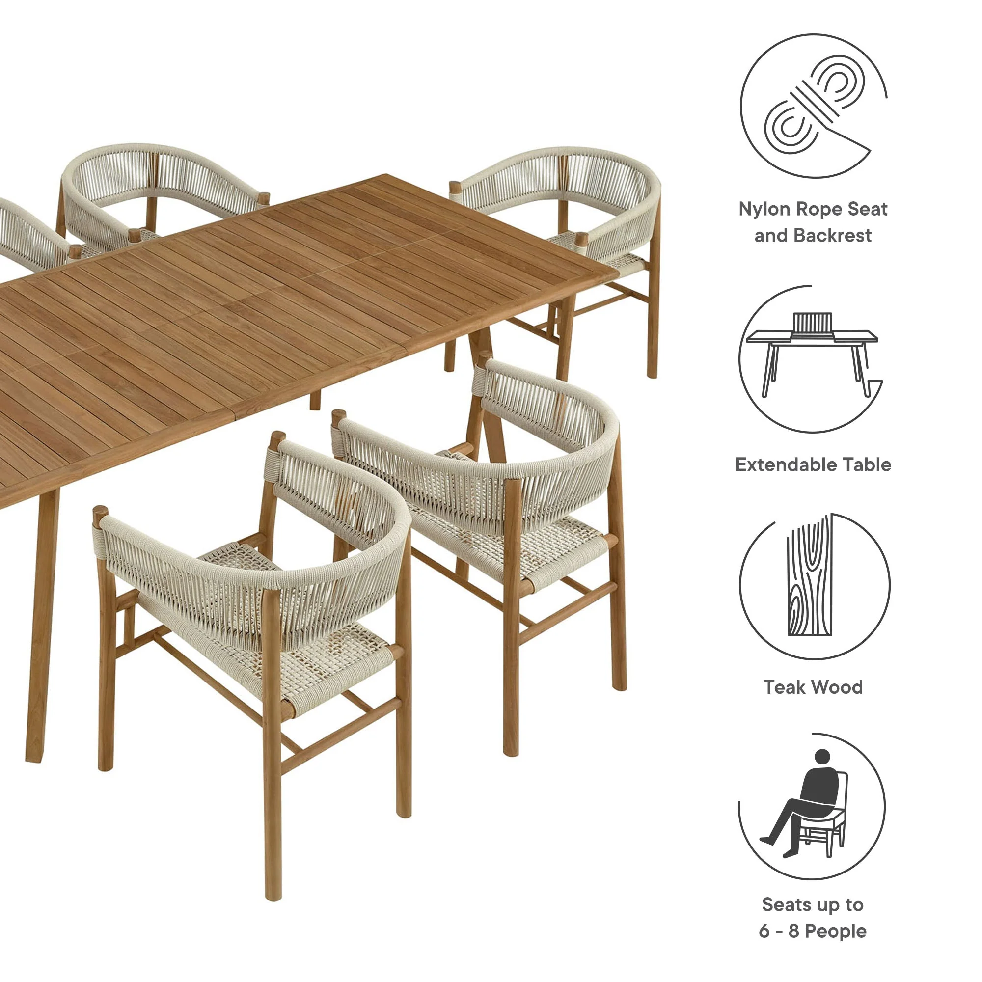 Vienna 7-Piece Outdoor Patio Teak and Rope Dining Set with Curved-Back Armchairs - Image 4
