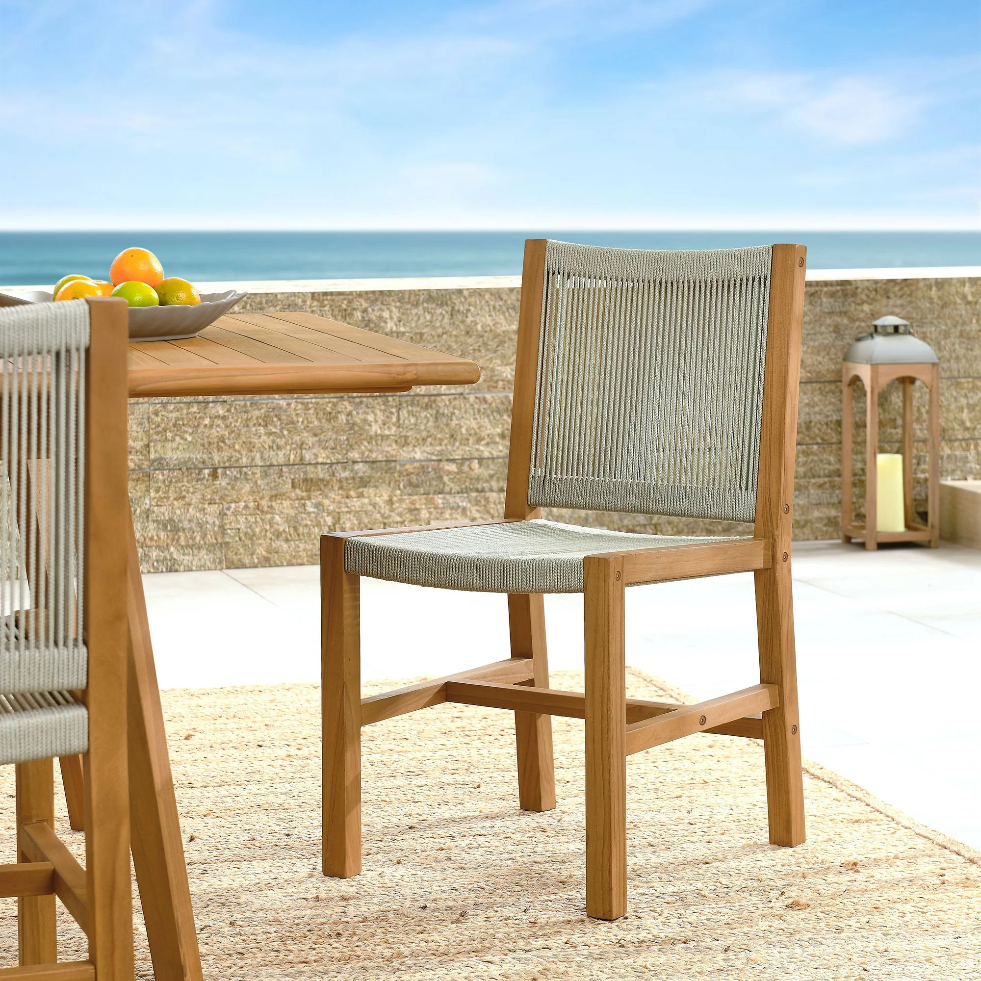 Vienna Outdoor Patio Teak and Rope Armless Dining Chairs Set of 2 - Image 2