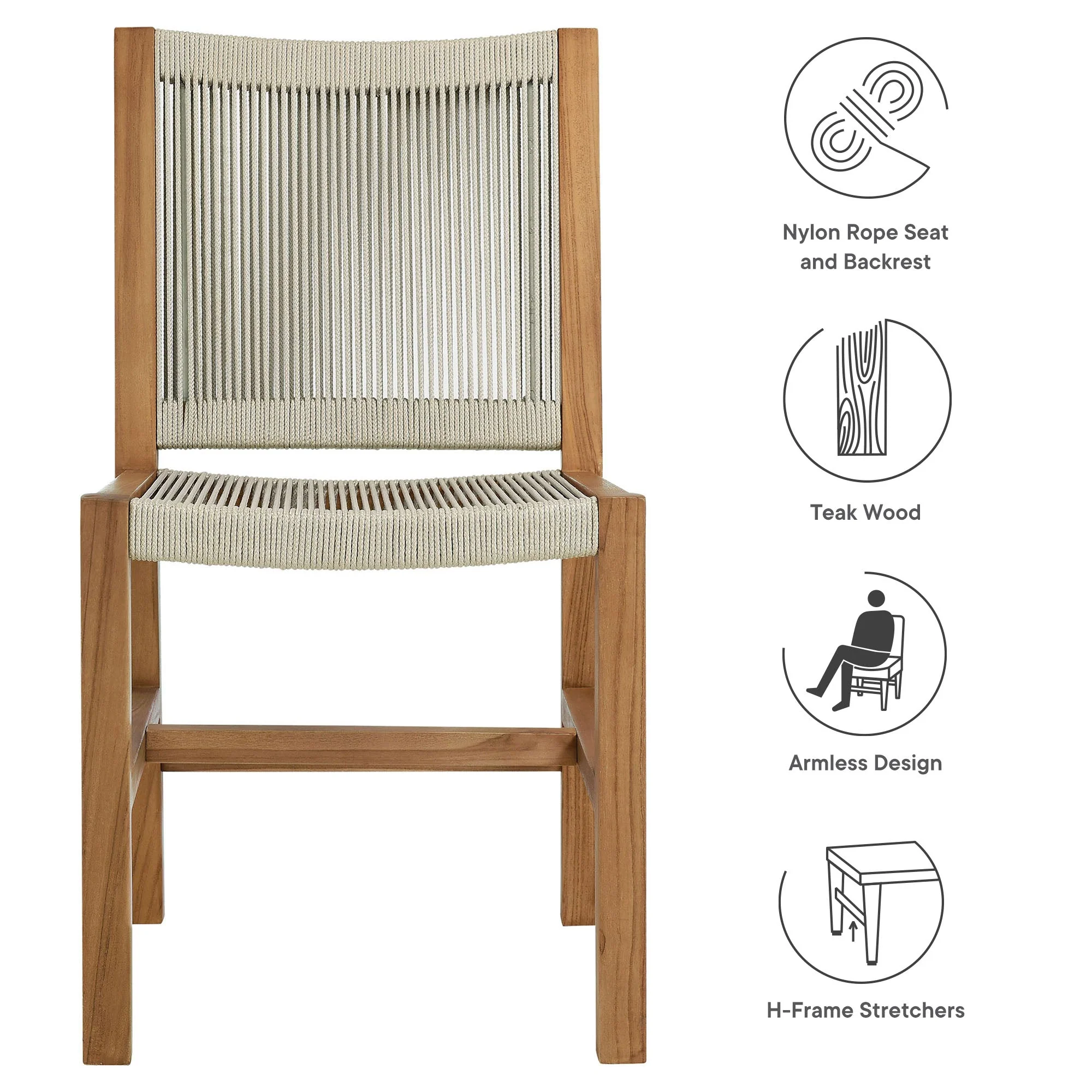 Vienna Outdoor Patio Teak and Rope Armless Dining Chairs Set of 2 - Image 9