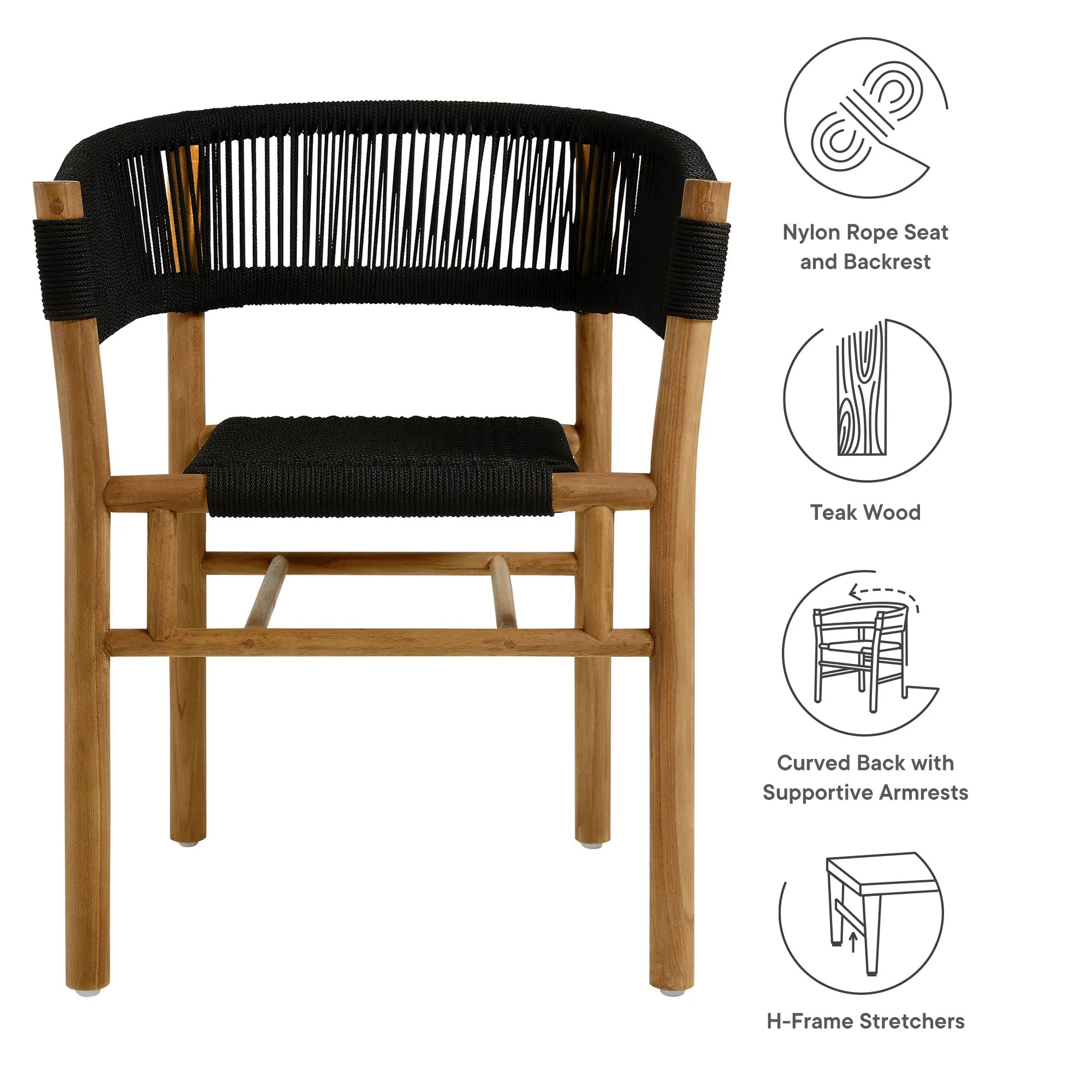 Vienna Outdoor Patio Teak and Rope Curved-Back Dining Armchairs Set of 2 - Image 10