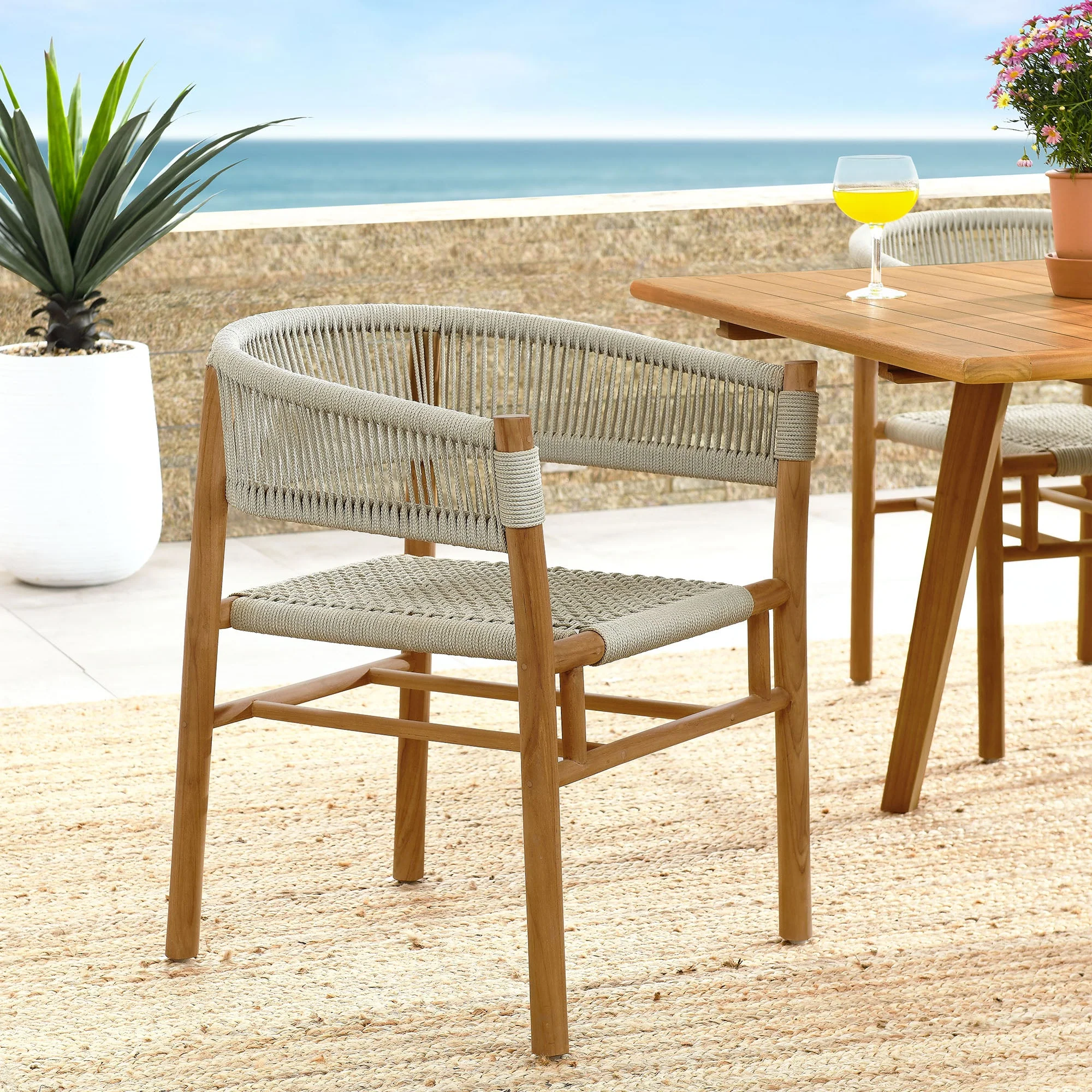 Vienna Outdoor Patio Teak and Rope Curved-Back Dining Armchairs Set of 2 - Image 13