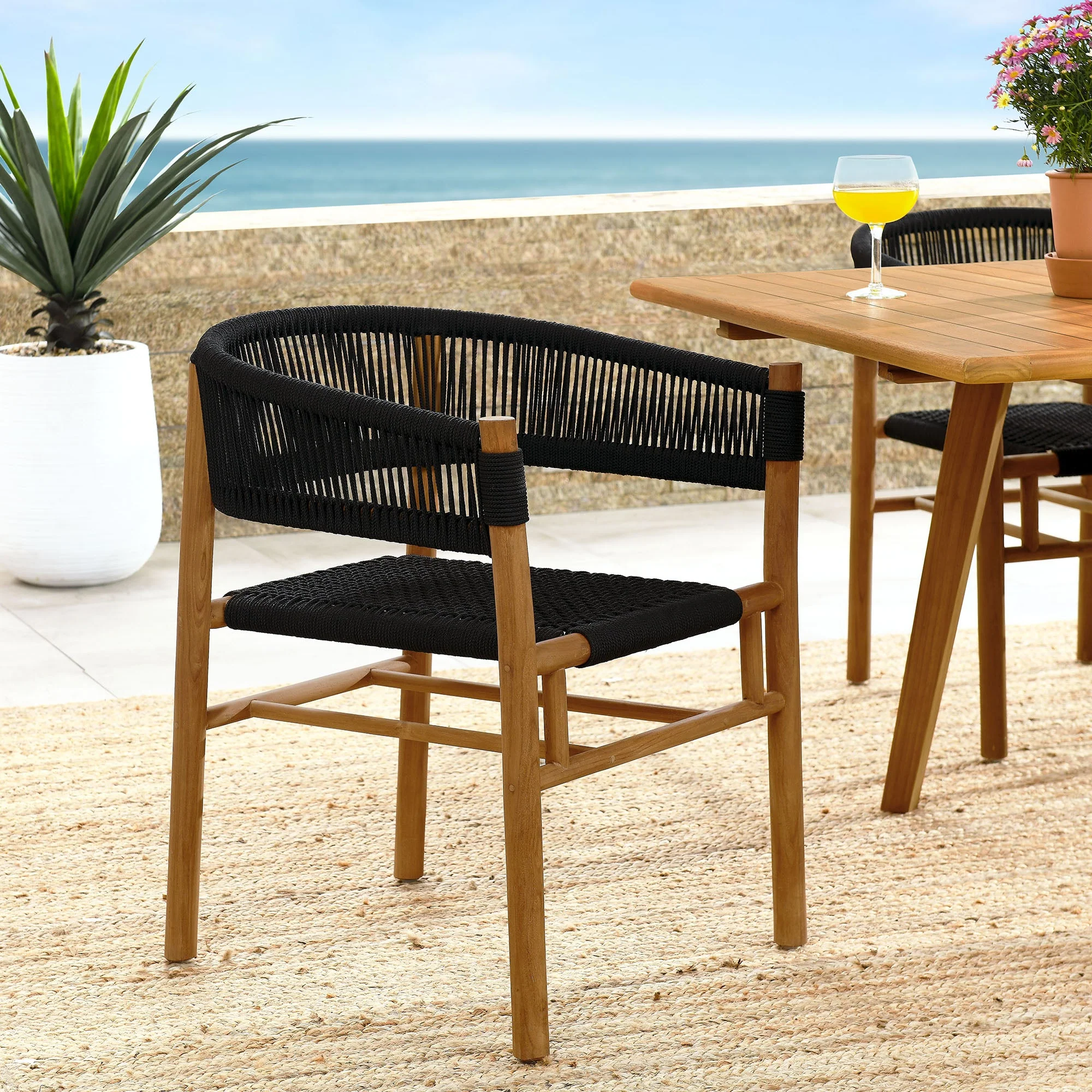 Vienna Outdoor Patio Teak and Rope Curved-Back Dining Armchairs Set of 2 - Image 2