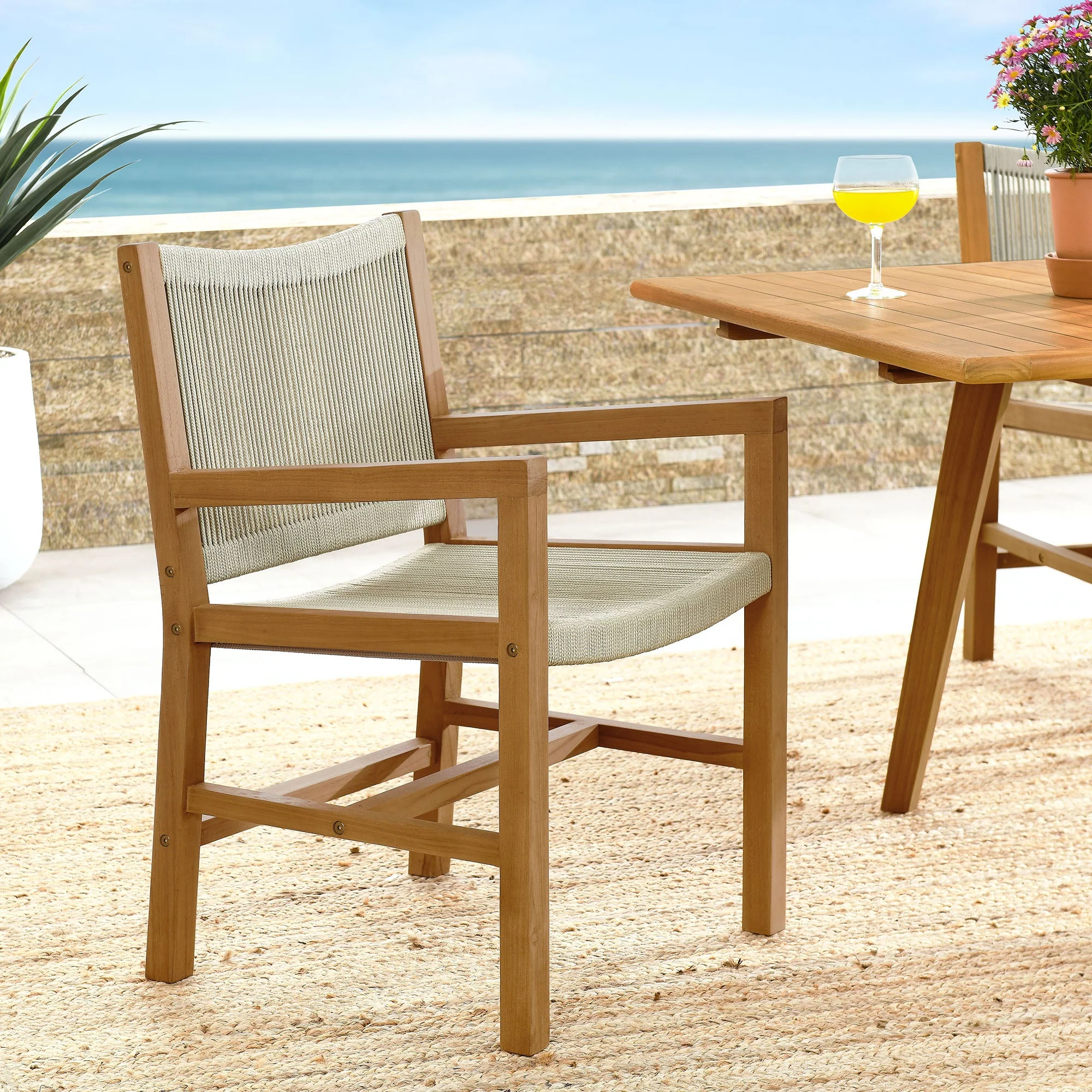 Vienna Outdoor Patio Teak and Rope Dining Armchairs Set of 2 - Image 2