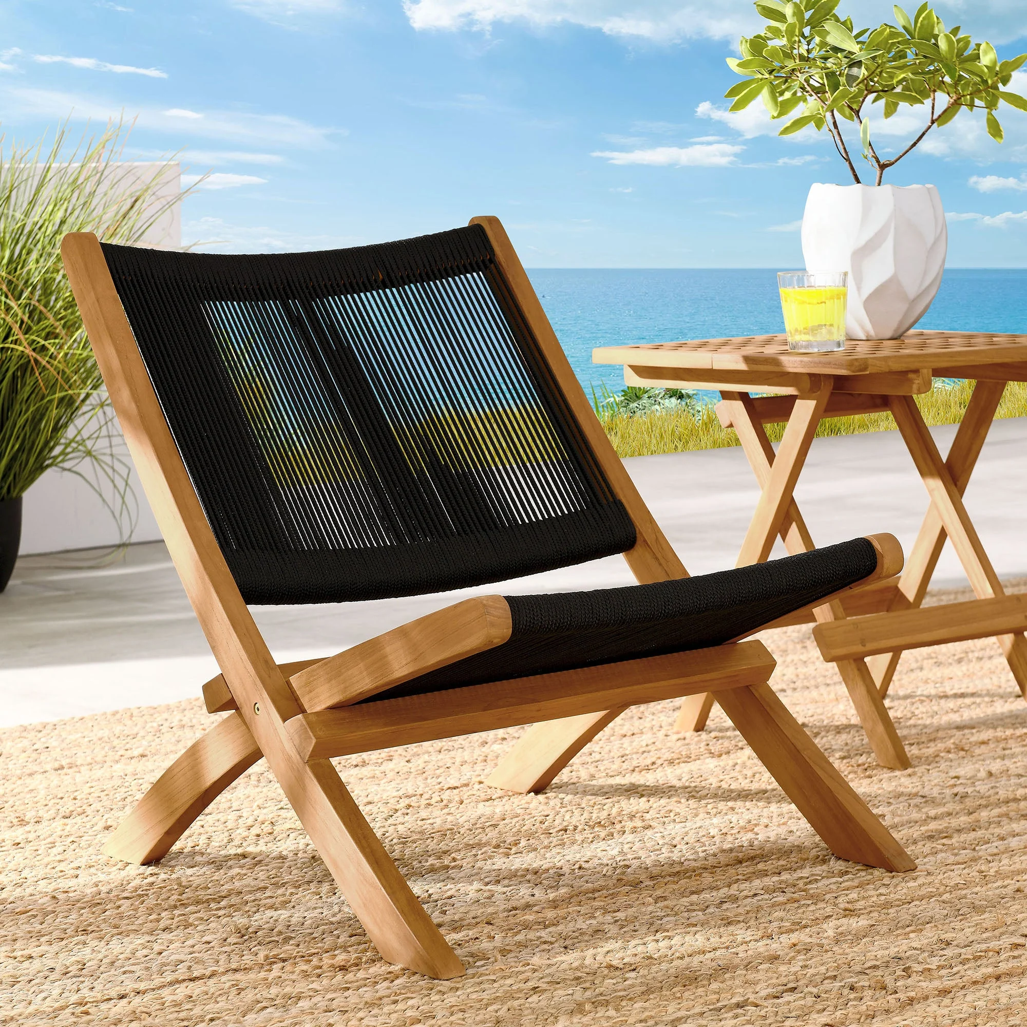Vienna Outdoor Patio Teak and Rope Folding Accent Lounge Chair - Image 12