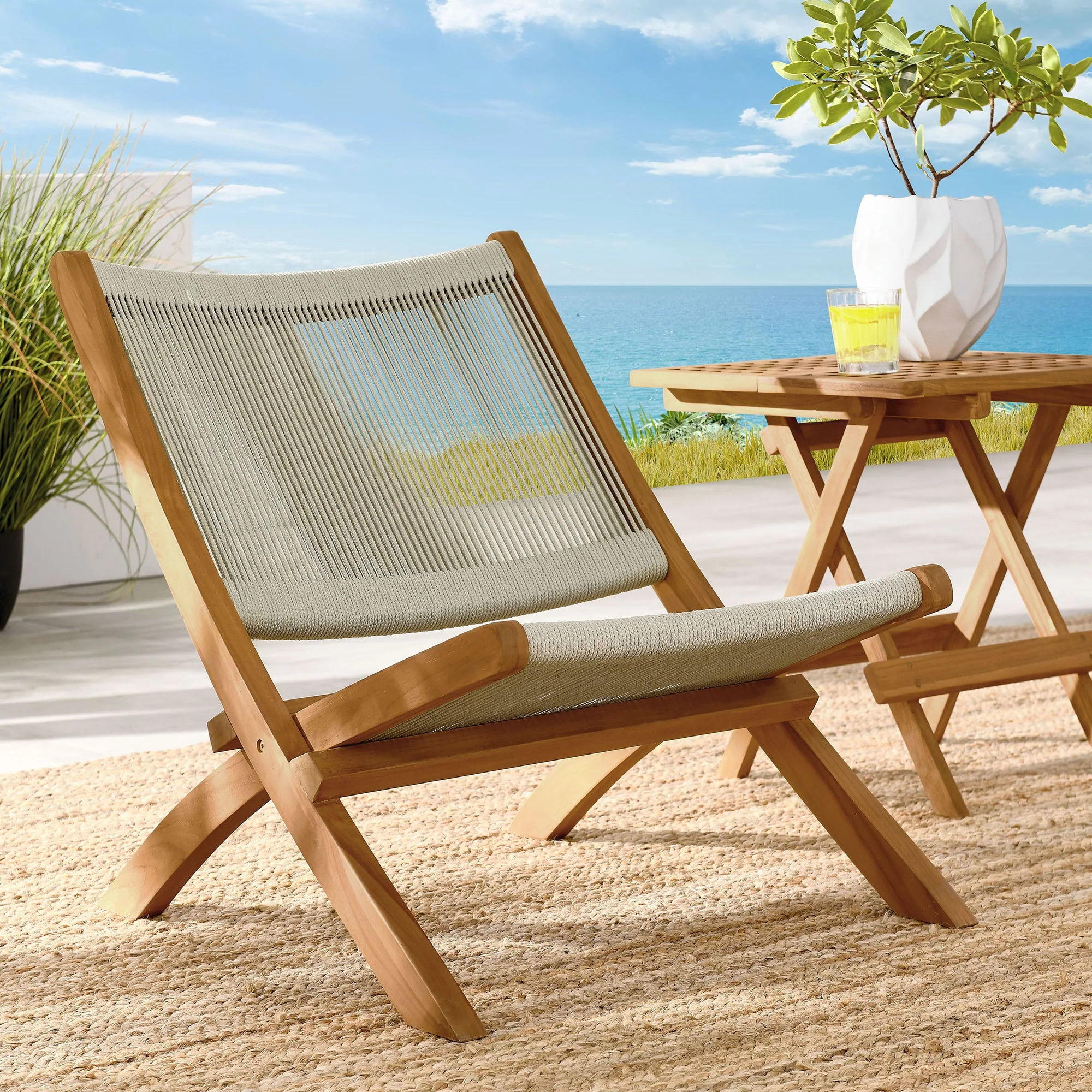 Vienna Outdoor Patio Teak and Rope Folding Accent Lounge Chair - Image 2