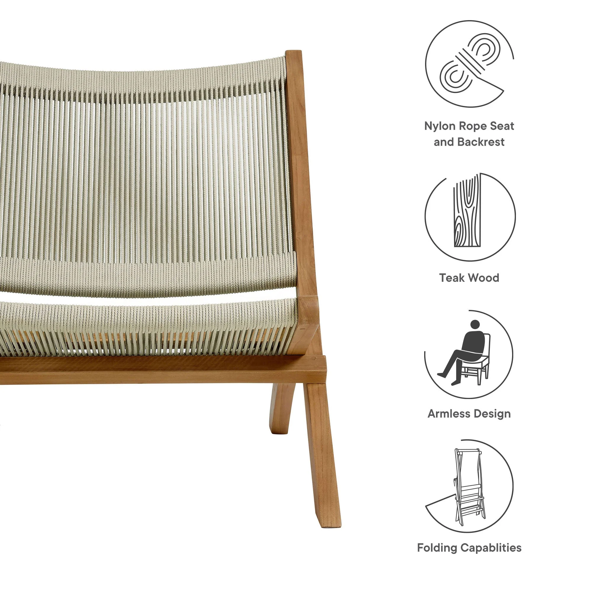 Vienna Outdoor Patio Teak and Rope Folding Accent Lounge Chair - Image 9