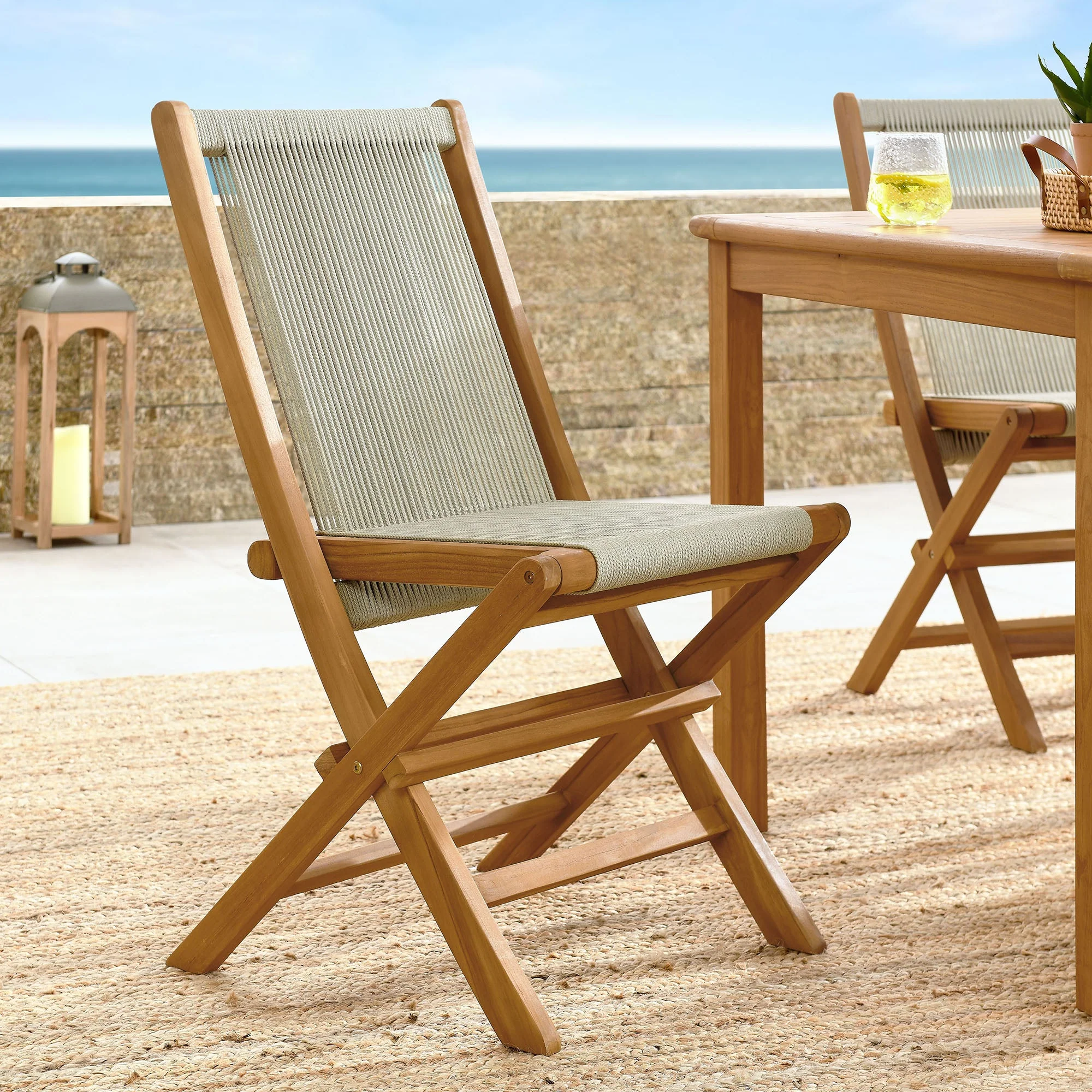 Vienna Outdoor Patio Teak and Rope Folding Chairs Set of 4 - Image 2