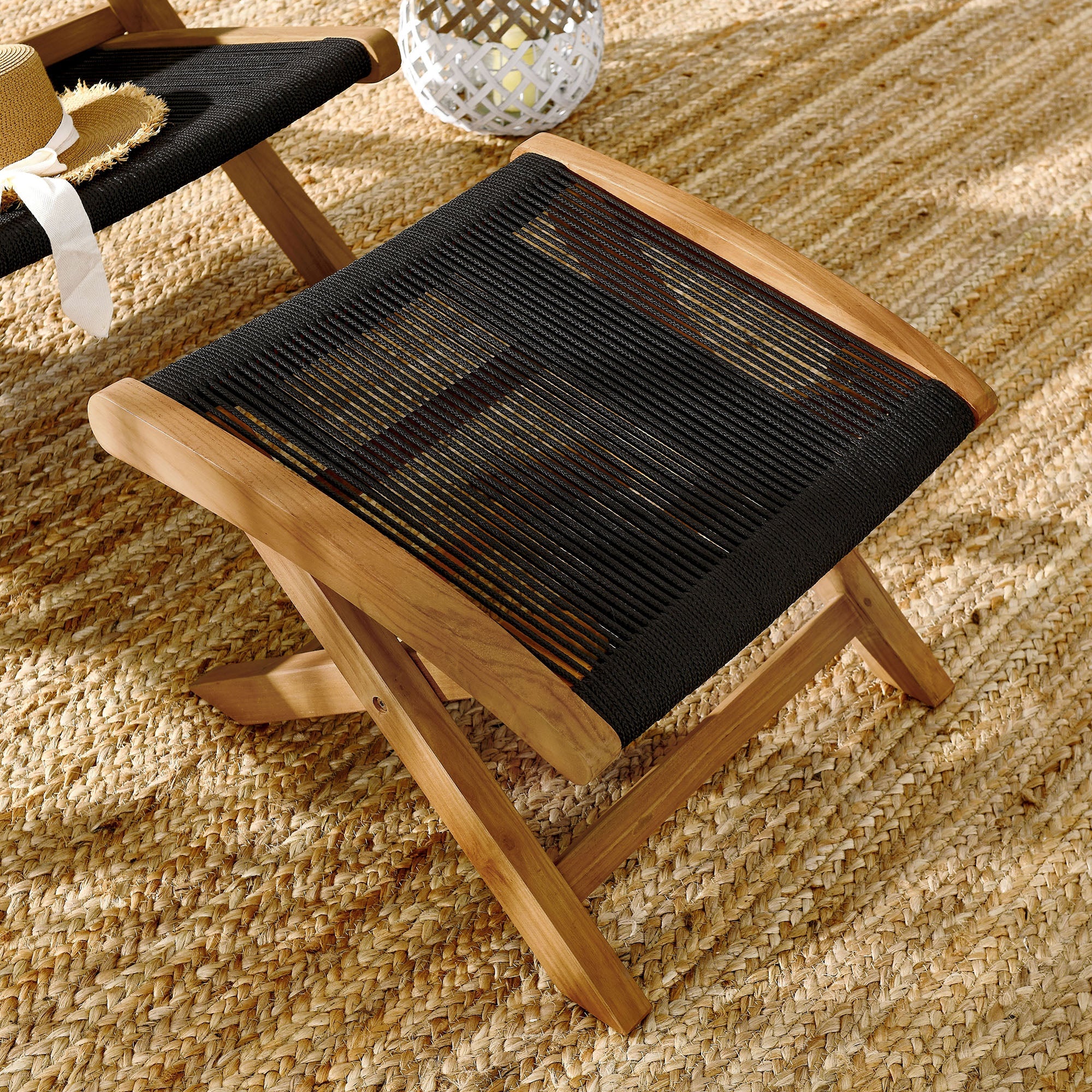 Vienna Outdoor Patio Teak and Rope Folding Ottoman - Image 11