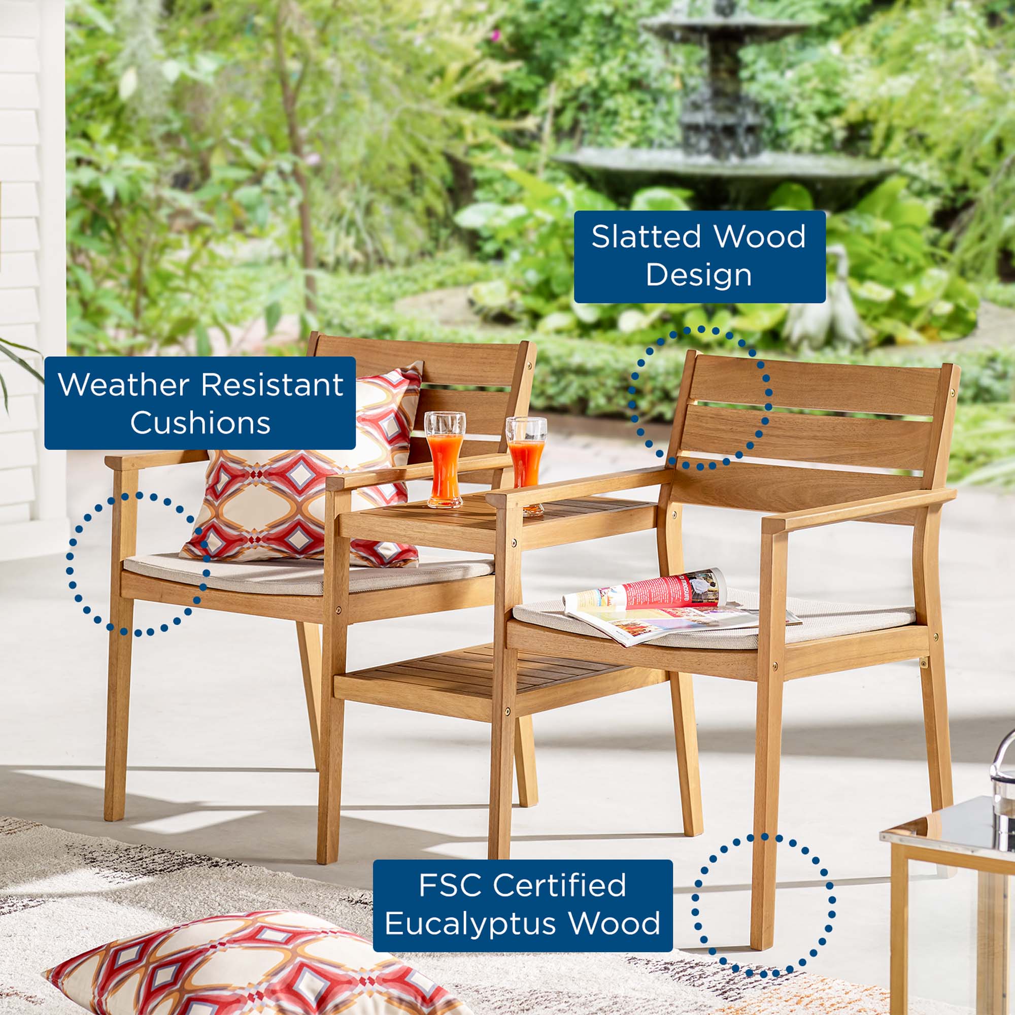 Viewscape Outdoor Patio Ash Wood Jack and Jill Chair Set in Natural Taupe - Image 9