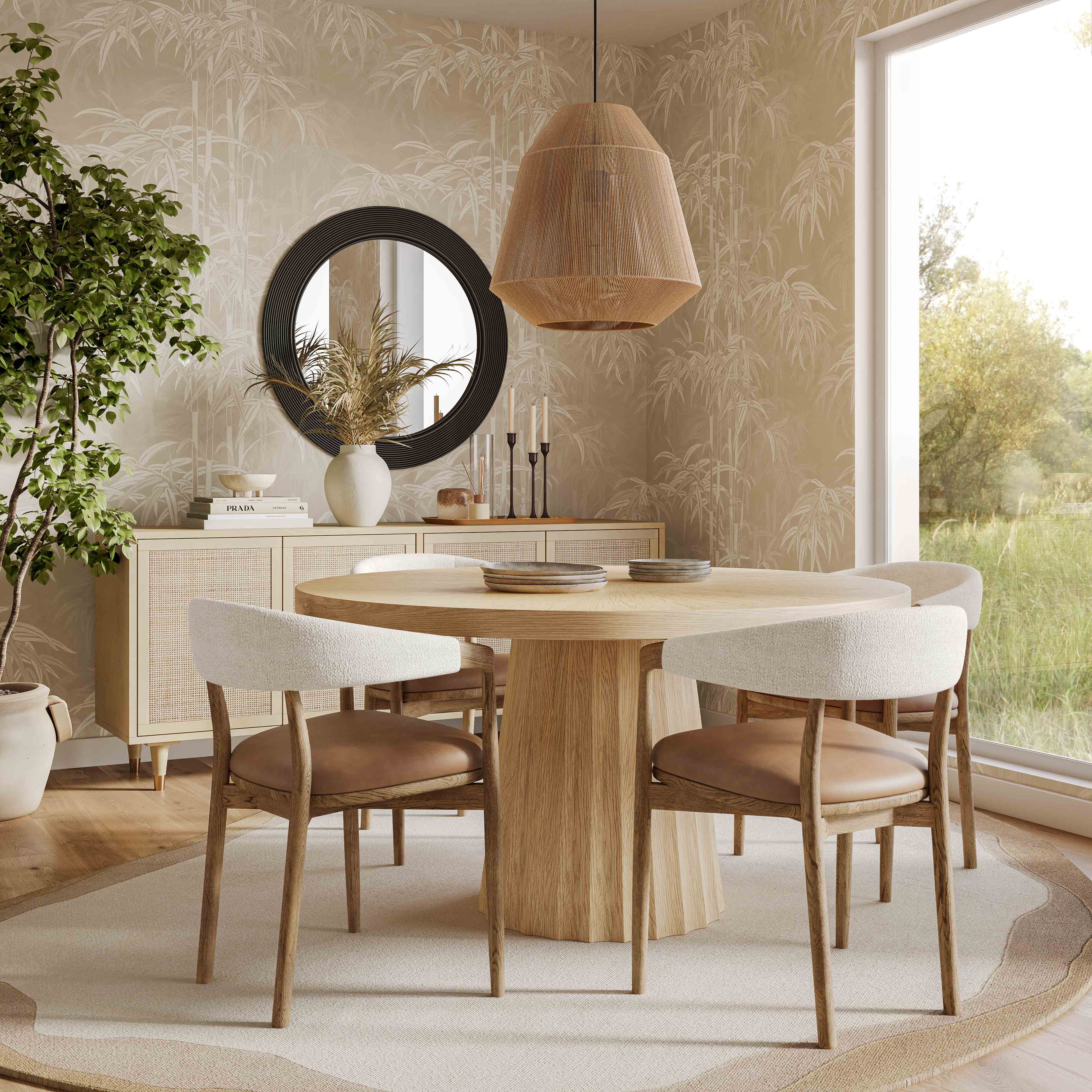 Vina Cognac Performance Vegan Leather and Cream Textured Weave Dining Chair - Image 2