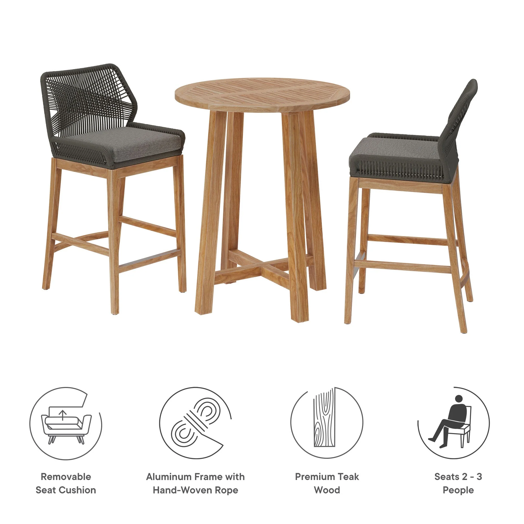 Wellspring 3-Piece Outdoor Patio Teak Wood Bar Set - Image 15