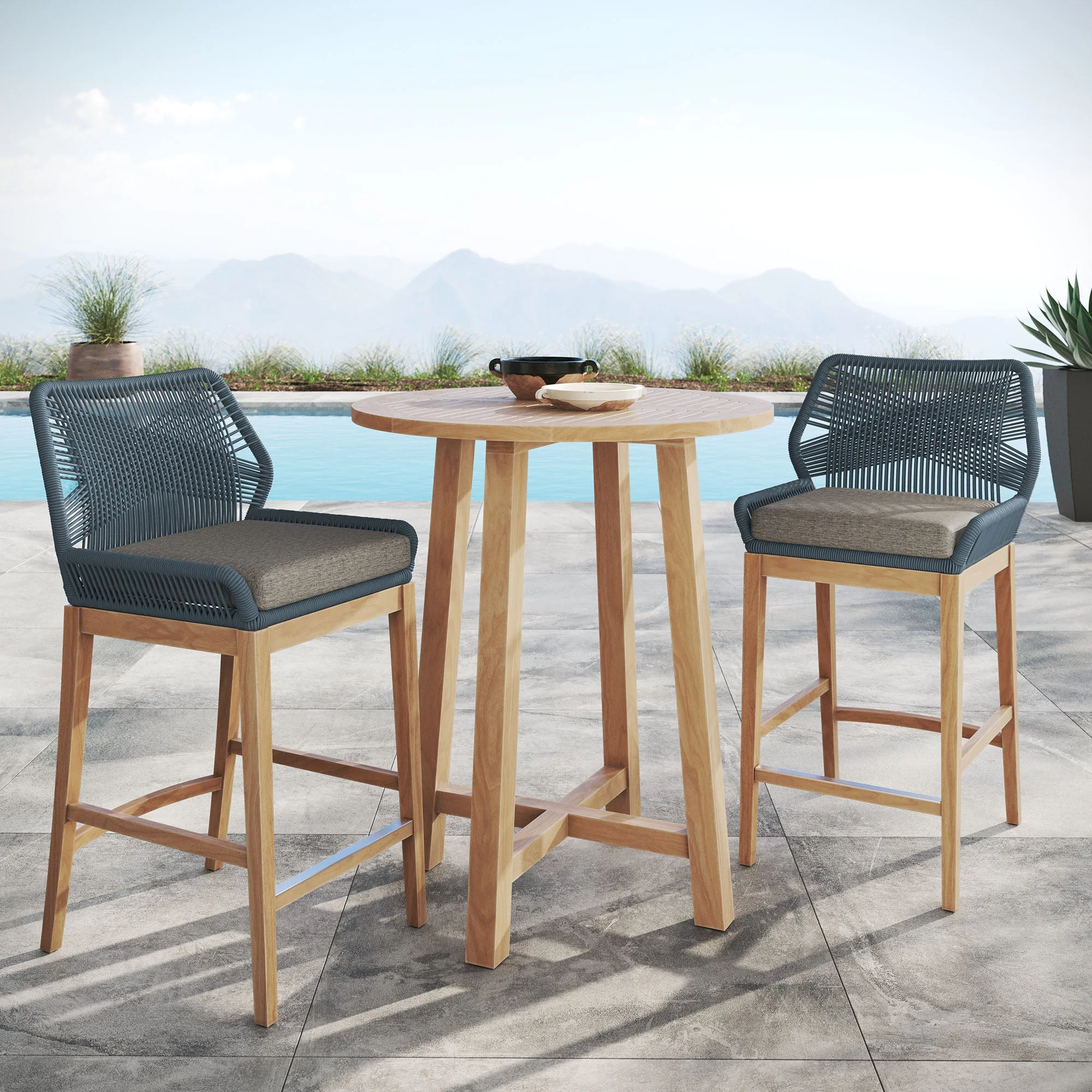 Wellspring 3-Piece Outdoor Patio Teak Wood Bar Set - Image 2