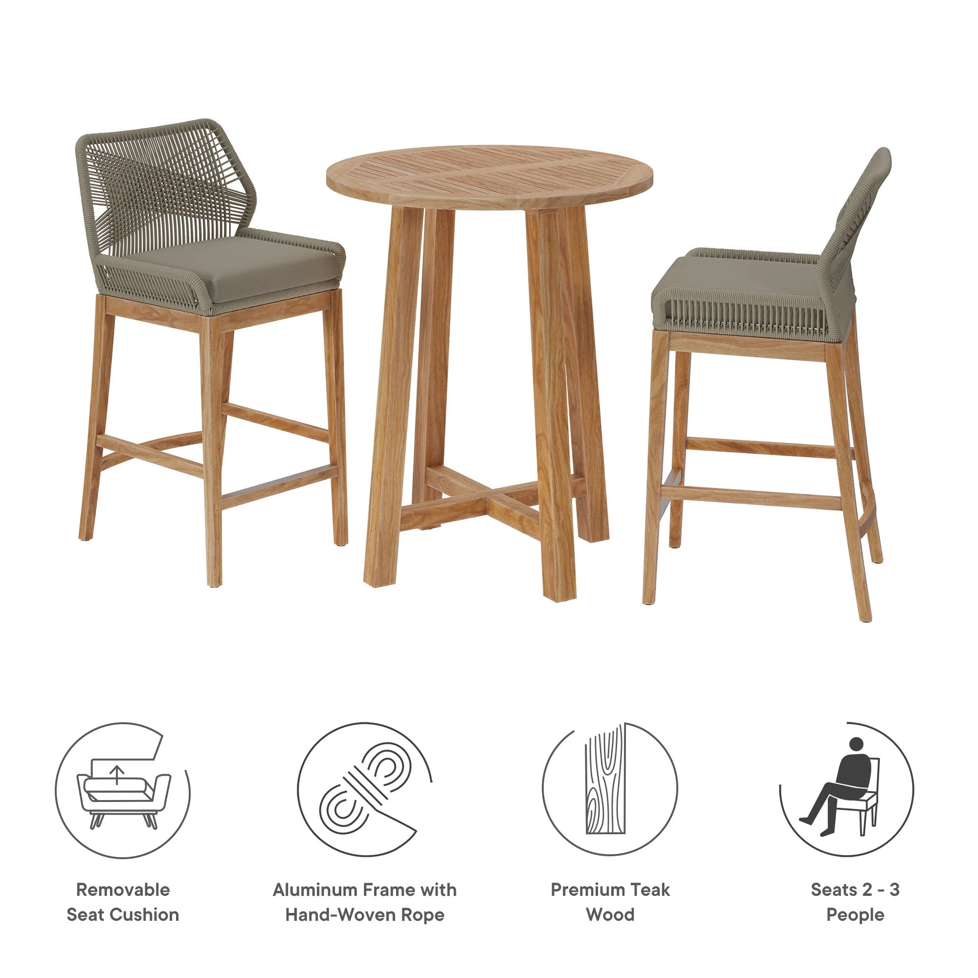 Wellspring 3-Piece Outdoor Patio Teak Wood Bar Set - Image 24