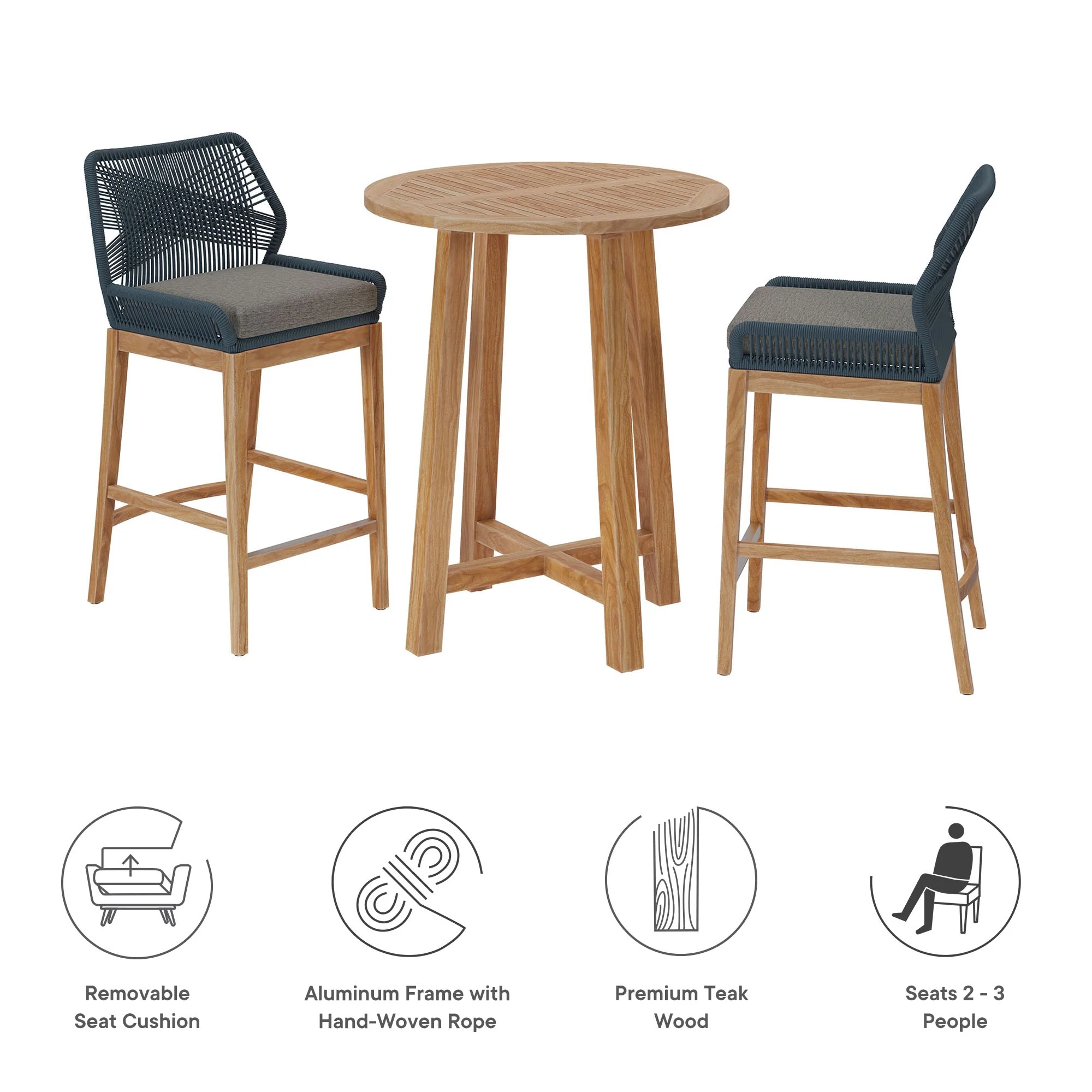 Wellspring 3-Piece Outdoor Patio Teak Wood Bar Set - Image 5