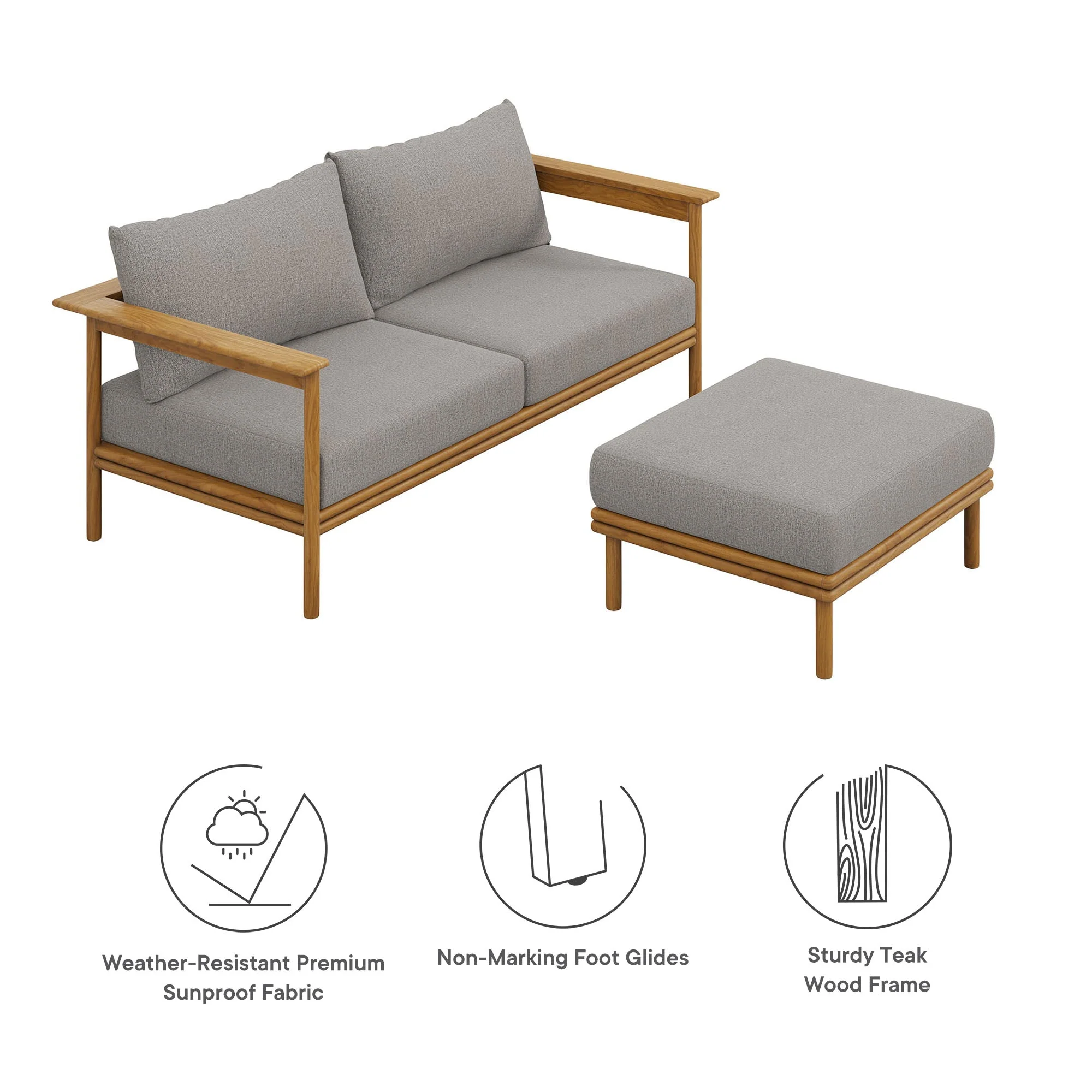 Wren 2-Piece Outdoor Patio Teak Wood Sofa and Ottoman Set - Image 12