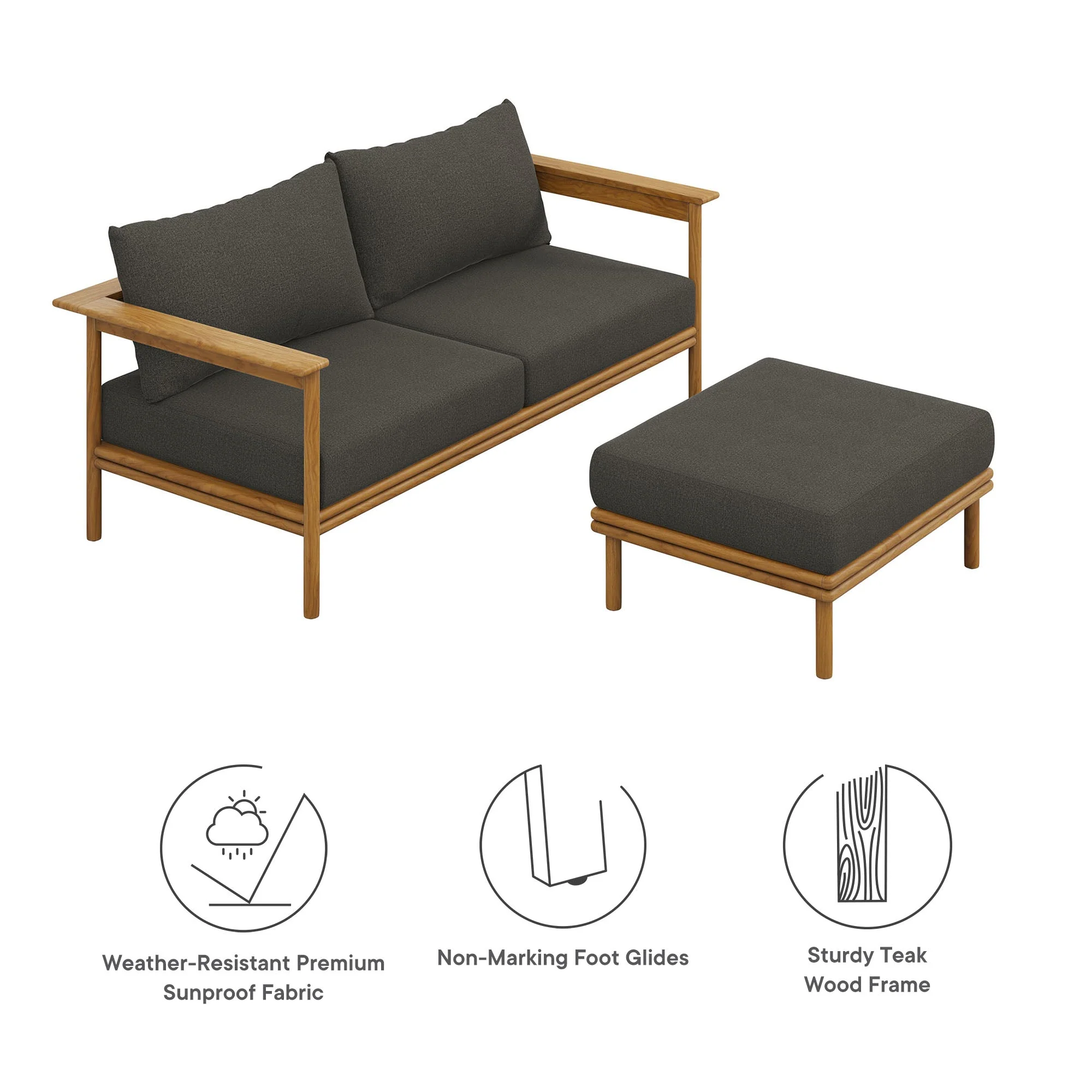 Wren 2-Piece Outdoor Patio Teak Wood Sofa and Ottoman Set - Image 19