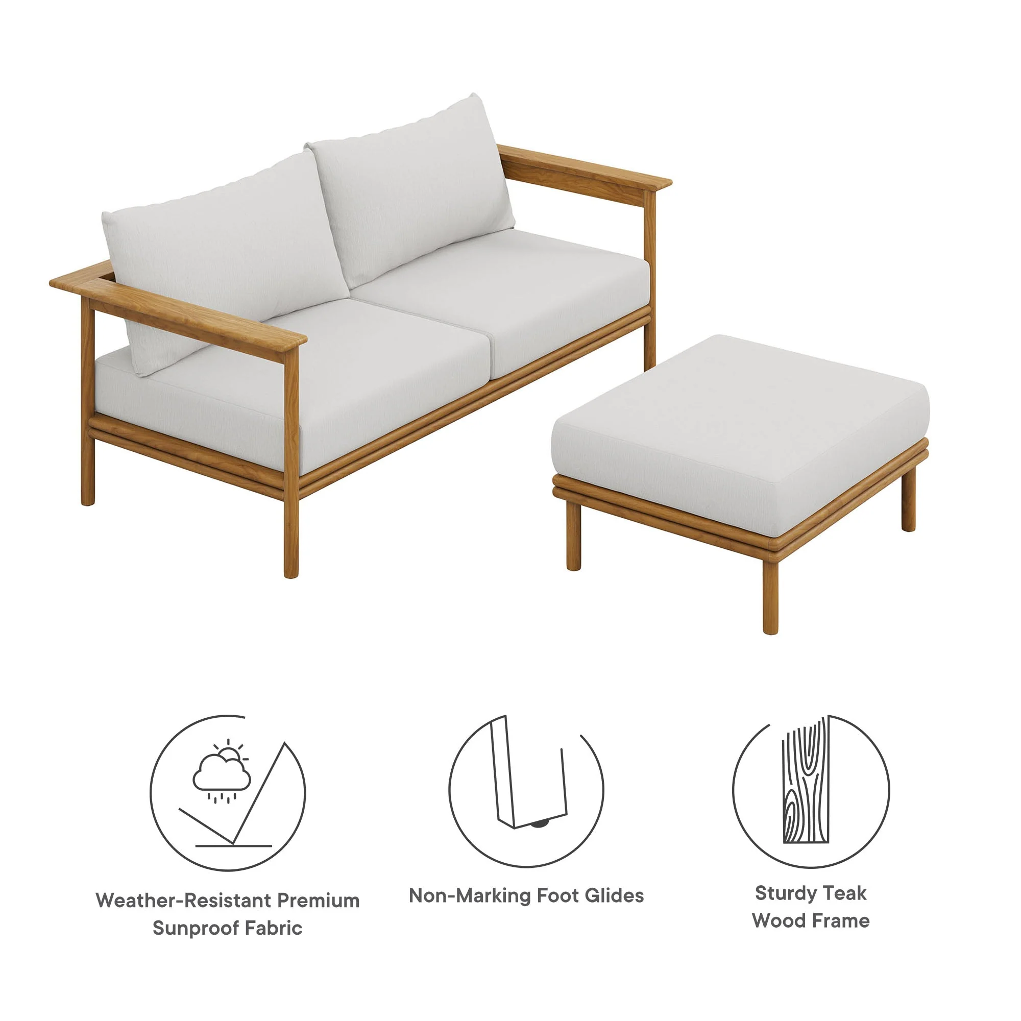 Wren 2-Piece Outdoor Patio Teak Wood Sofa and Ottoman Set - Image 5