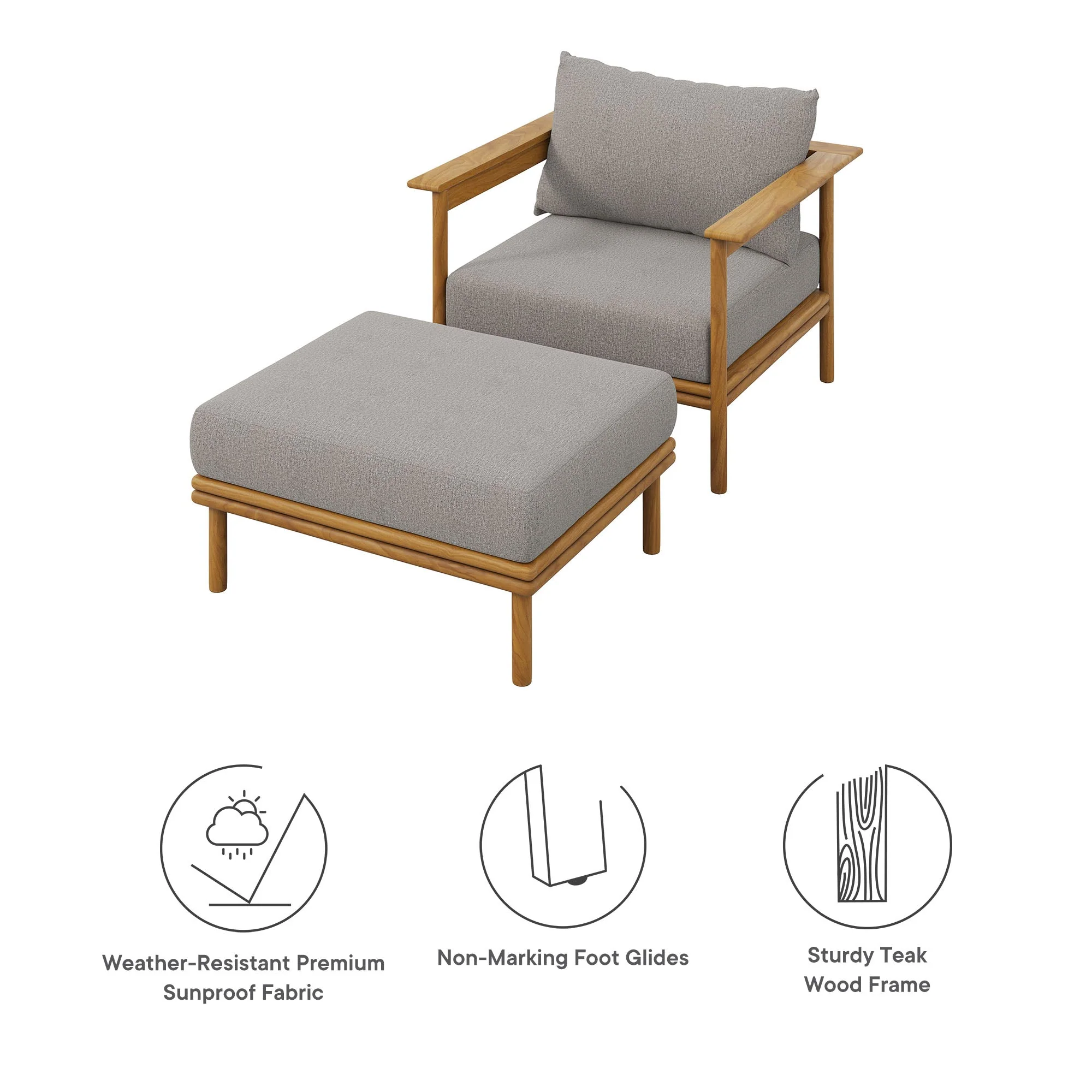 Wren Outdoor Patio Teak Wood Armchair and Ottoman Set - Image 12