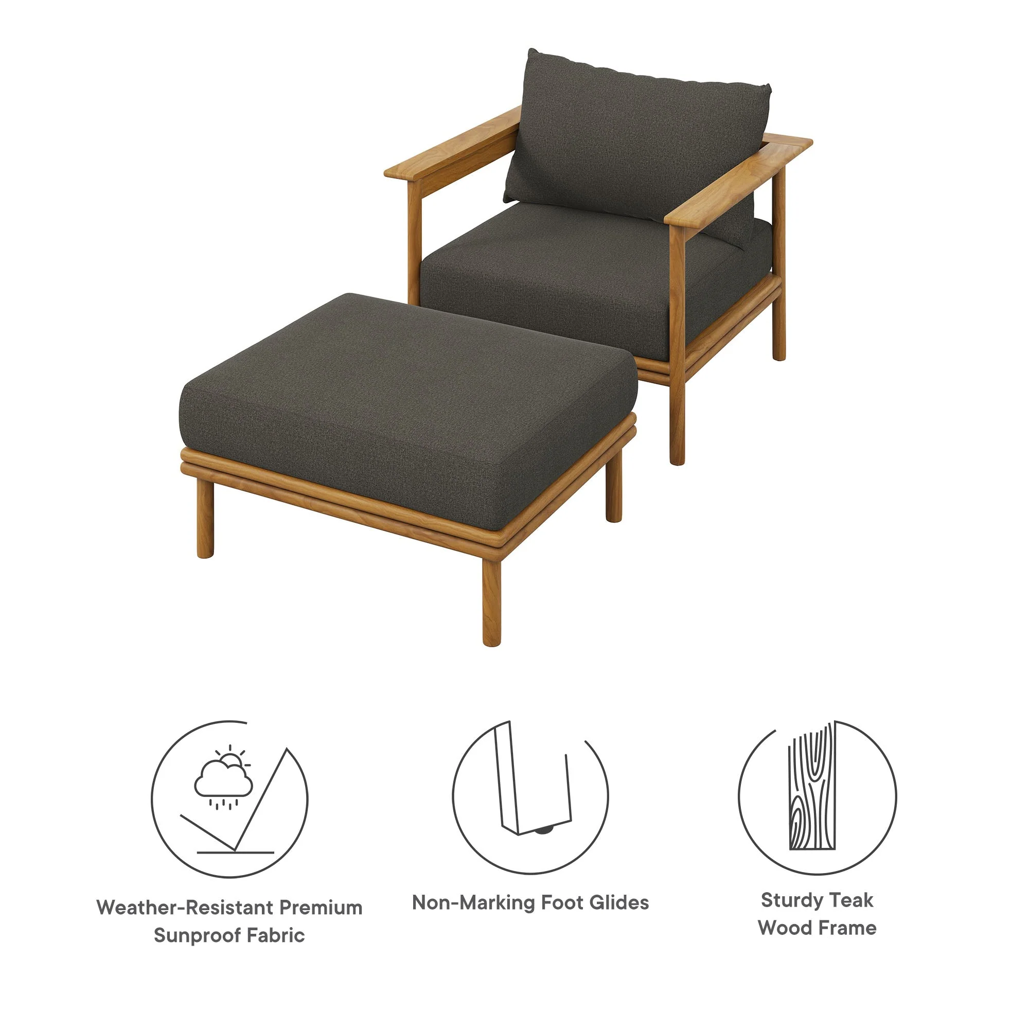 Wren Outdoor Patio Teak Wood Armchair and Ottoman Set - Image 19