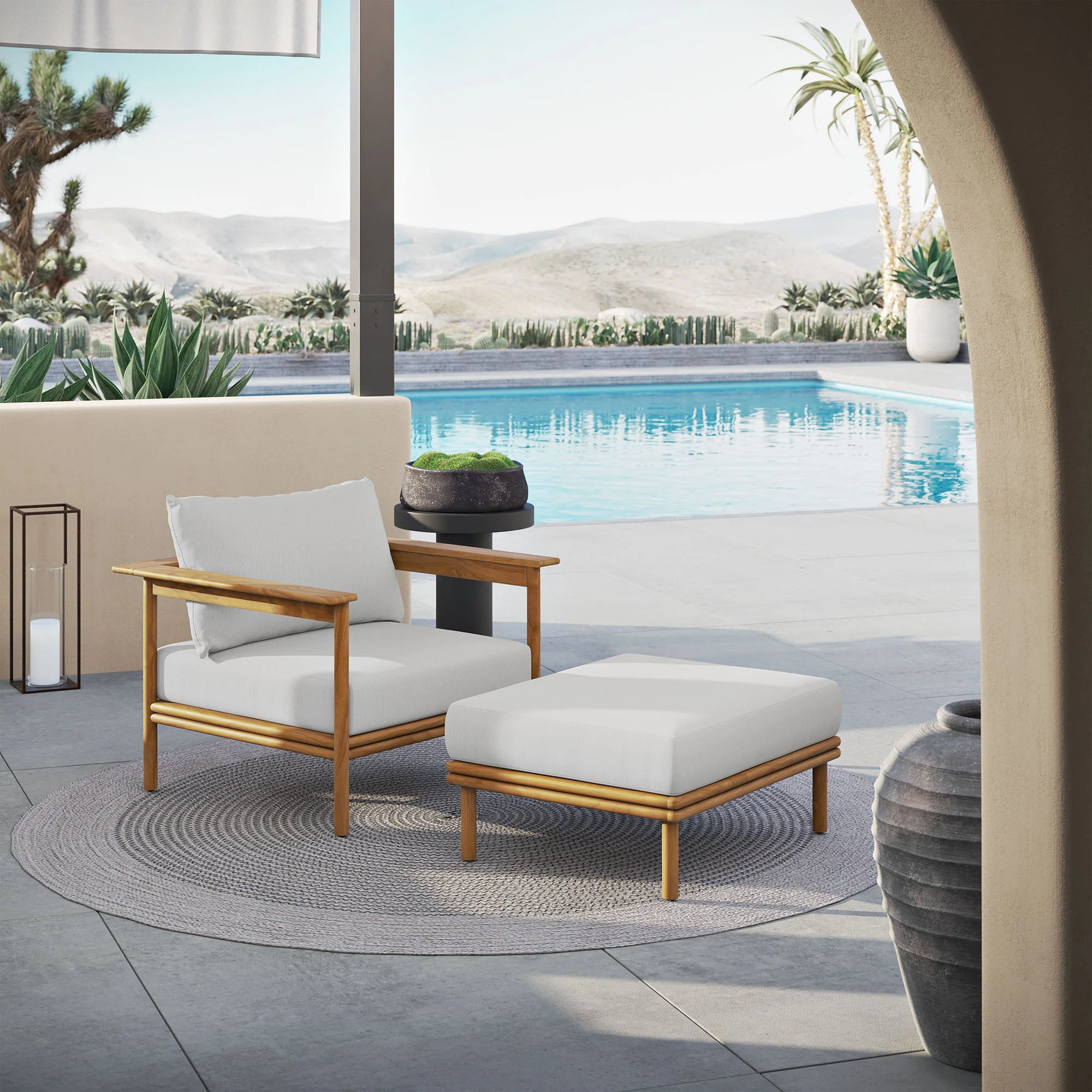 Wren Outdoor Patio Teak Wood Armchair and Ottoman Set - Image 2
