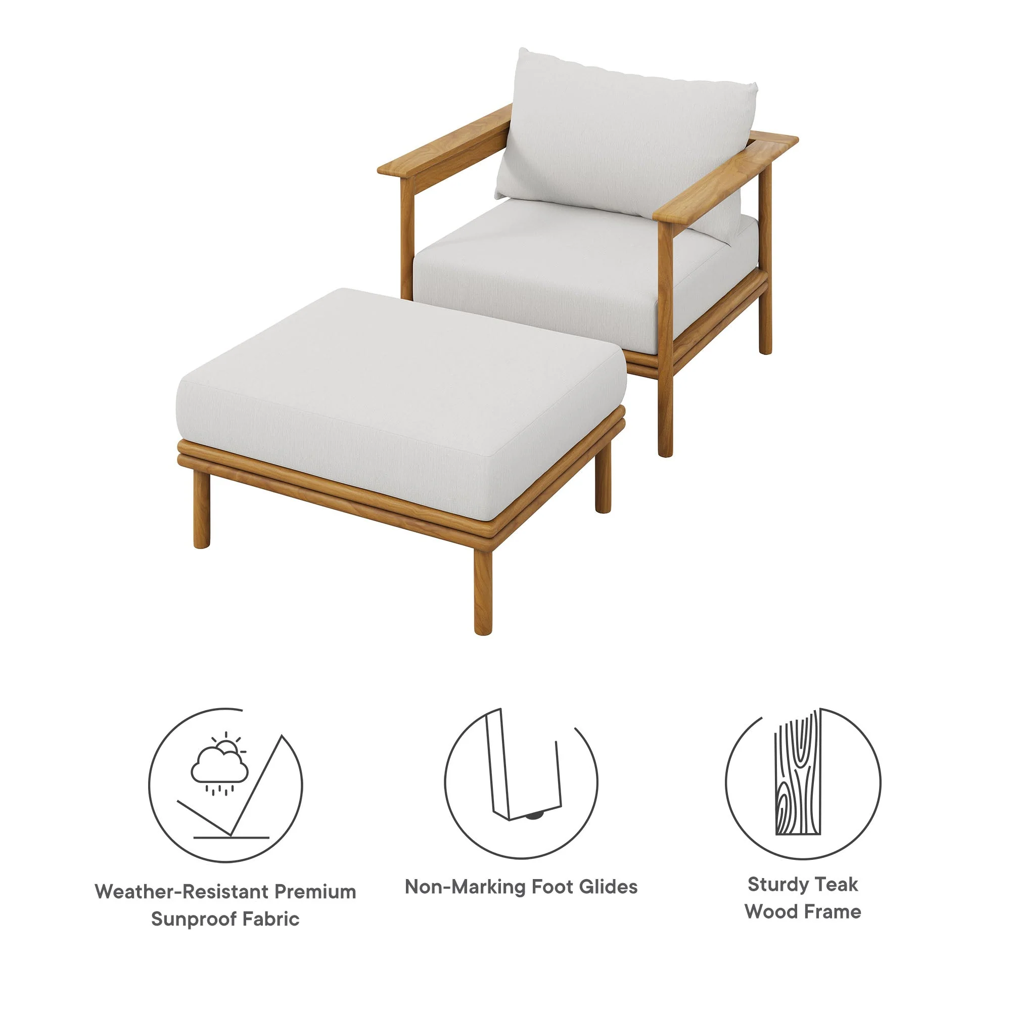 Wren Outdoor Patio Teak Wood Armchair and Ottoman Set - Image 5