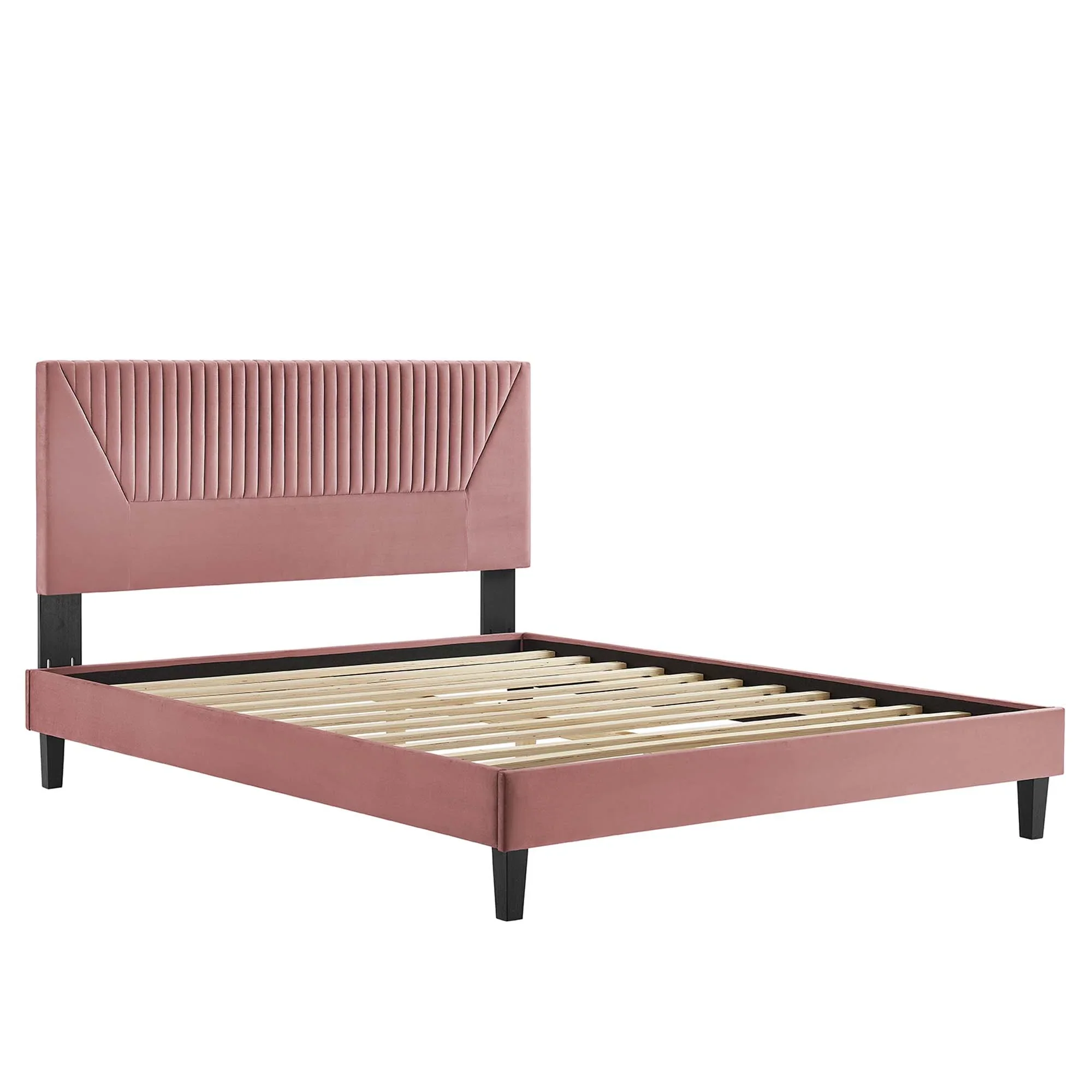 Yasmine Channel Tufted Performance Velvet Platform Bed With Black Wood Legs - Image 4