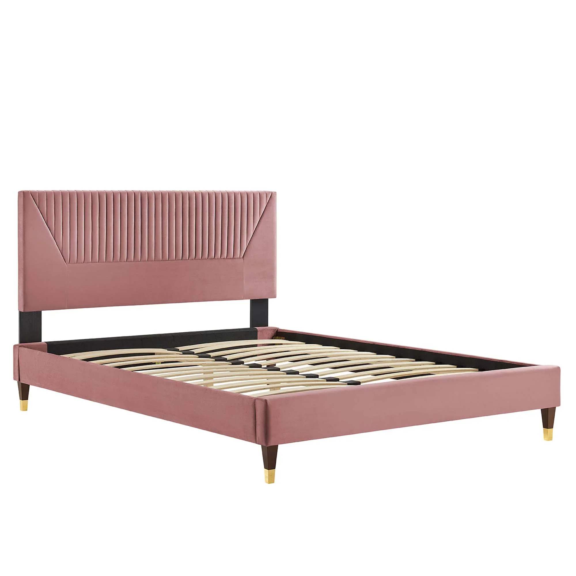 Yasmine Channel Tufted Performance Velvet Platform Bed With Wood and Gold Legs - Image 4