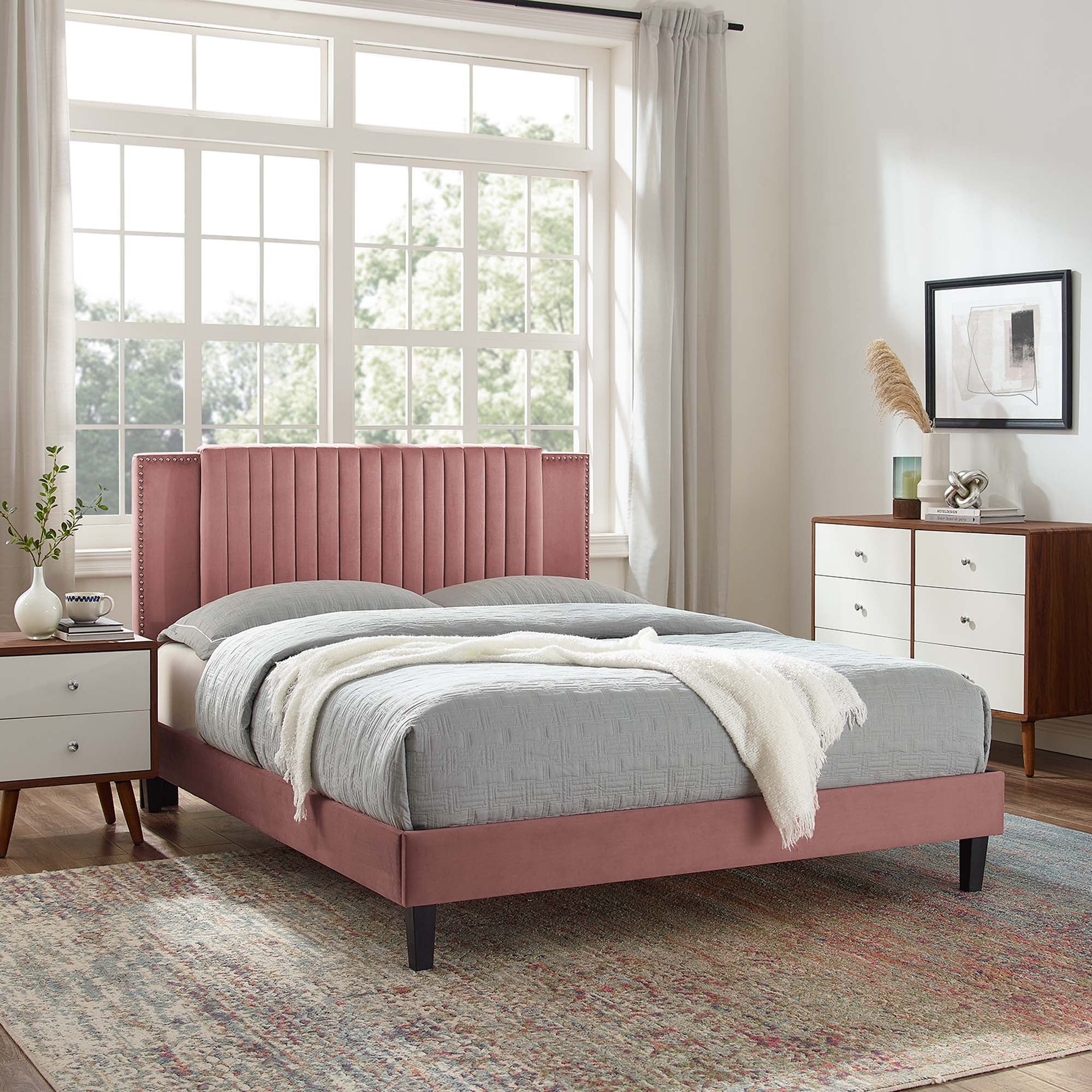 Zahra Channel Tufted Performance Velvet Platform Bed With Black Wood Legs - Image 7