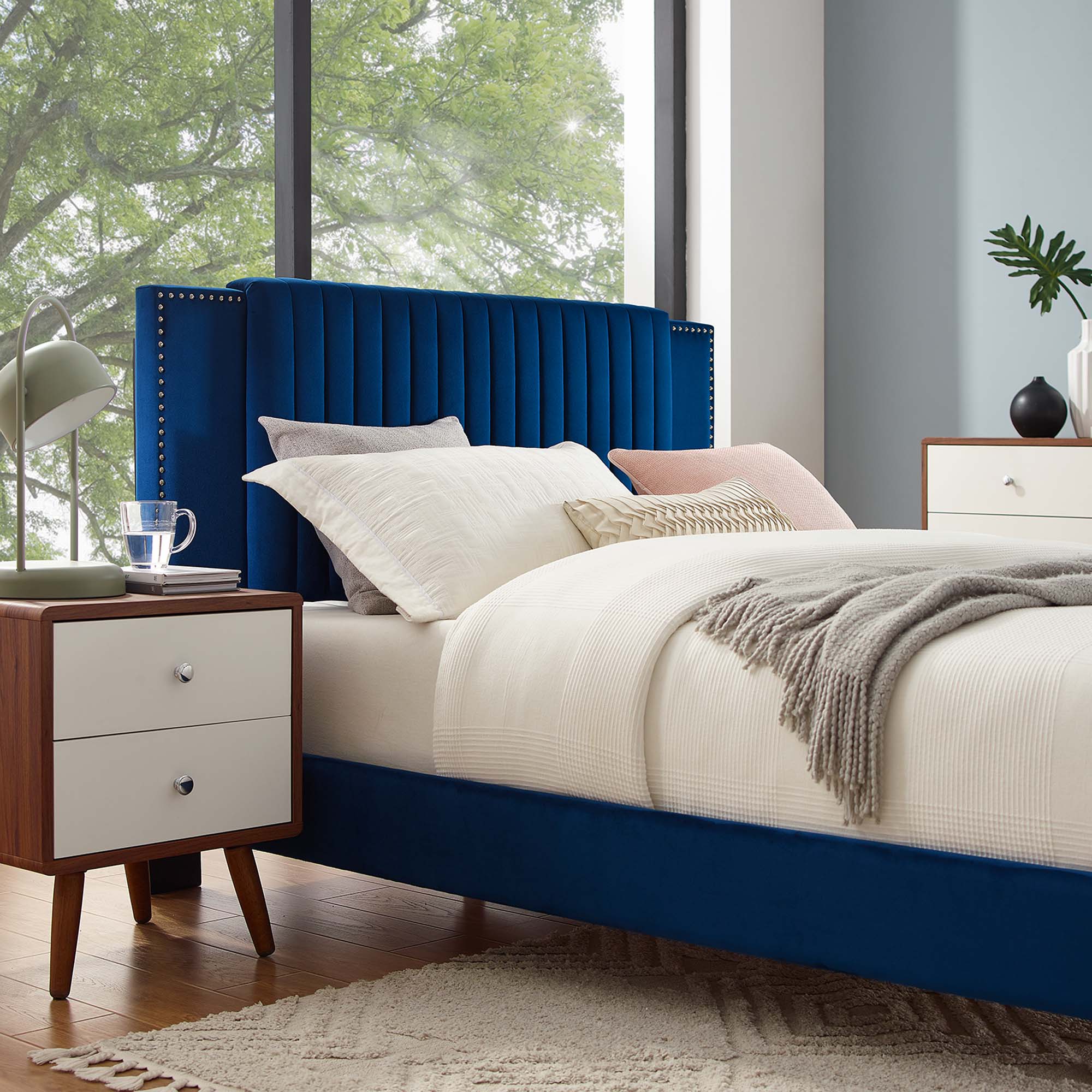 Zahra Channel Tufted Performance Velvet Platform Bed With Gold Metal Legs - Image 2