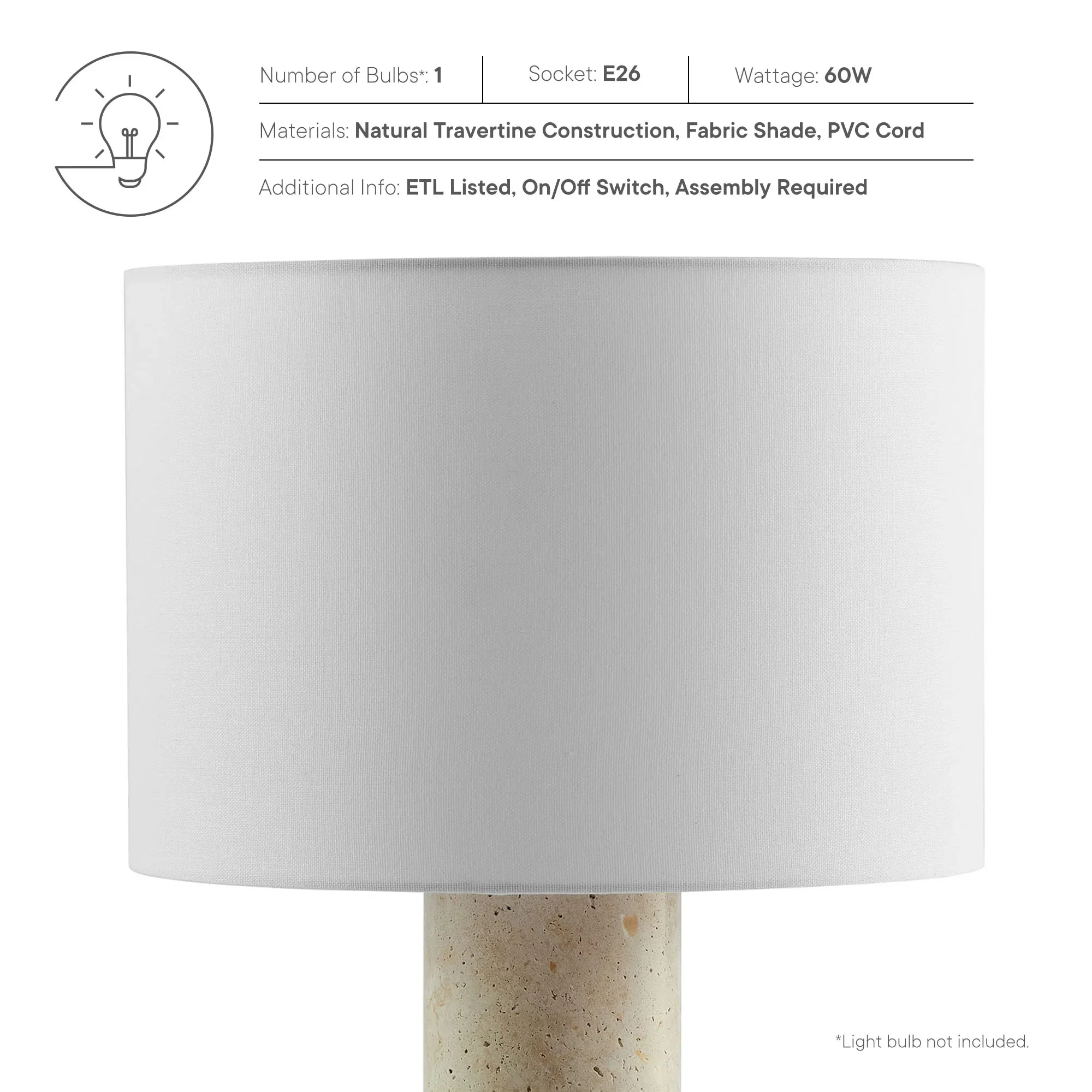 Zenith Travertine Table Lamp With Fabric Drum Shade in Travertine - Image 10